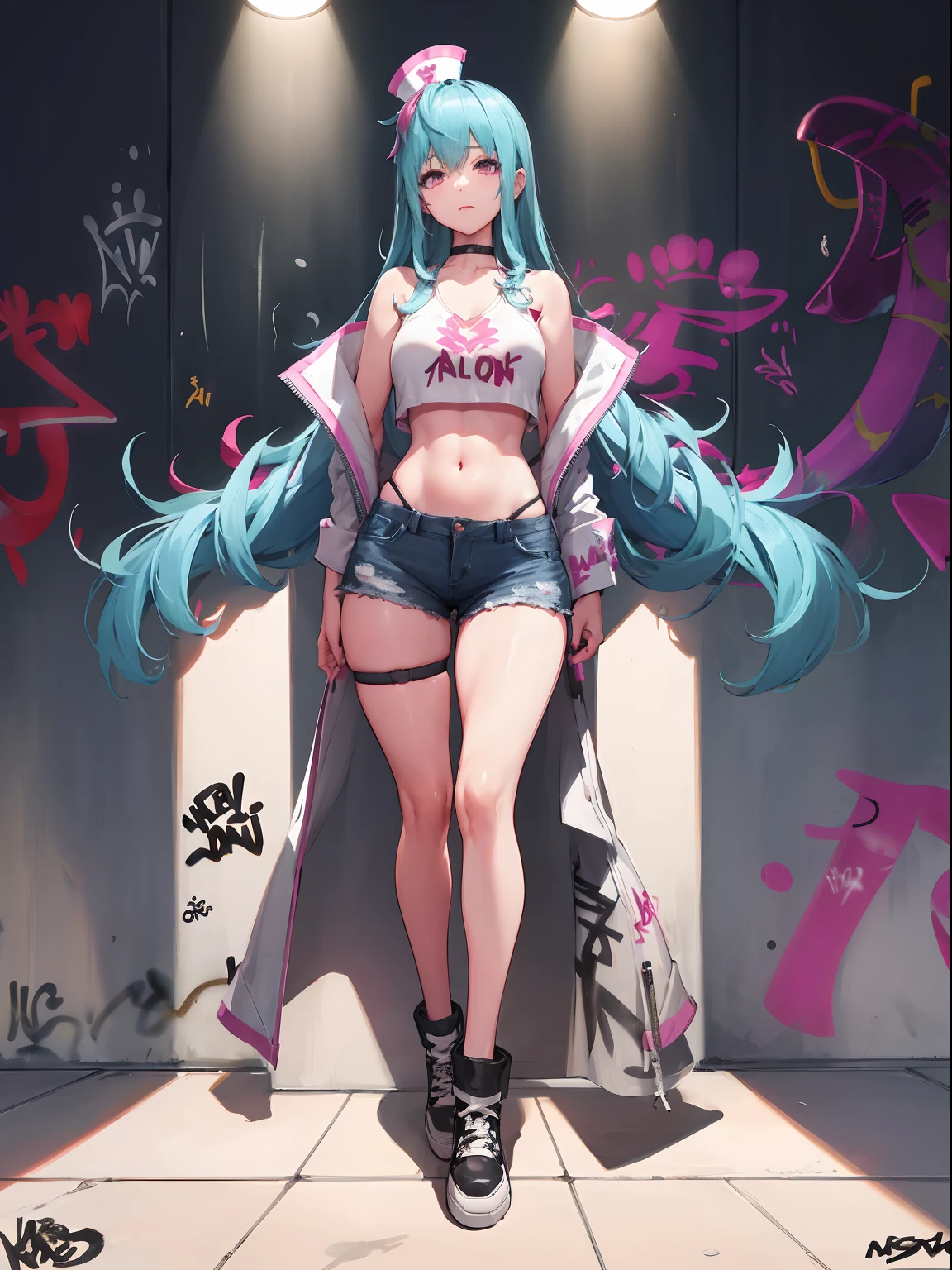 turn_nurse|Arena of Valor, master-piece, bestquality, 1girls,25 years old, proportional body, elongated legs, Beautiful, proportional., crop top, Long Jeans, gigantic breasts, ,bara, crop top, choker, (Graffiti:1.5), Splash with purple lightning pattern., arm behind back, against wall, View viewers from the front., Thigh strap, Head tilt, bored,