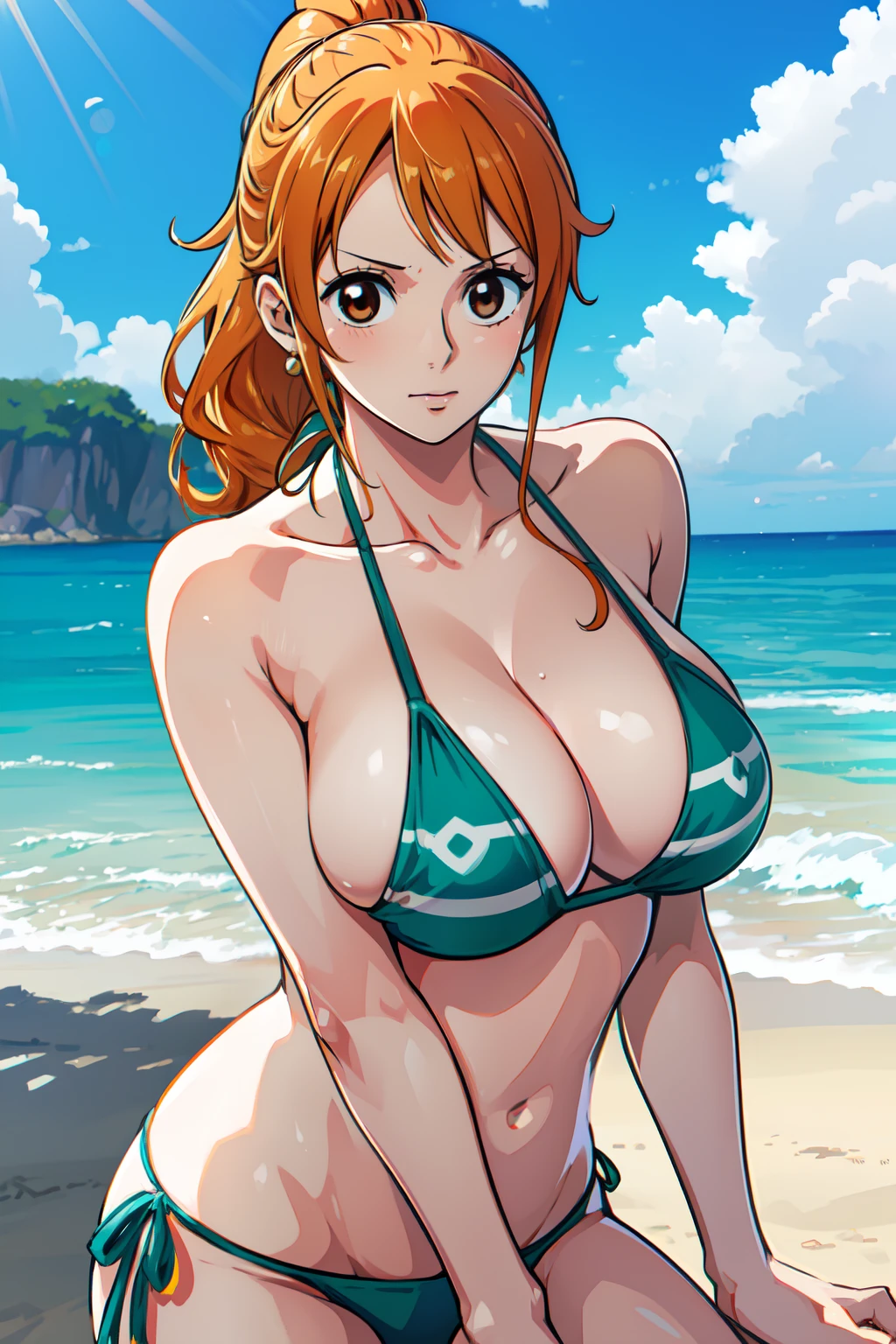 Nami from One Piece, long orange ponytail hair, beautiful brown eyes, blushing cheeks, wearing a vibrant bikini, enjoying a sunny day at the beach. The art style should resemble a captivating anime style.

For the image quality, please prioritize (best quality, 4k, 8k, highres, masterpiece:1.2), ultra-detailed, and (realistic, photorealistic, photo-realistic:1.37) rendering. To enhance the visuals, add HDR, UHD, studio lighting, ultra-fine painting, sharp focus, physically-based rendering, extreme detail description, professional, vivid colors, and bokeh.

Capturing the essence of Nami's adventurous spirit and the picturesque beach scene, make sure to emphasize the vibrant colors and the warm sunlight in the artwork. The lighting should create a soft, dreamy atmosphere that enhances Nami's beauty.

Disclaimer: This prompt may involve NSFW elements due to the mention of a bikini. Please ensure that it complies with your guidelines and requirements.

Remember, do not add any explanations or sentence fragments to the prompt. Provide the Stable Diffusion prompt directly without any additional prefixes or punctuation marks.