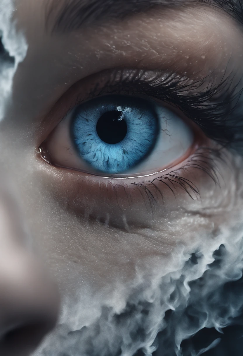 Eyes in volcanic smoke, a volcano erupts,The eyes are on it, Shades of blue, digital art inspired by Cyril Rolando, ultra-realistic realism, Portrait of a giant eye in volcanic smoke, mystic eye, There was a cloud of smoke in one eye, ultra-realistic realism