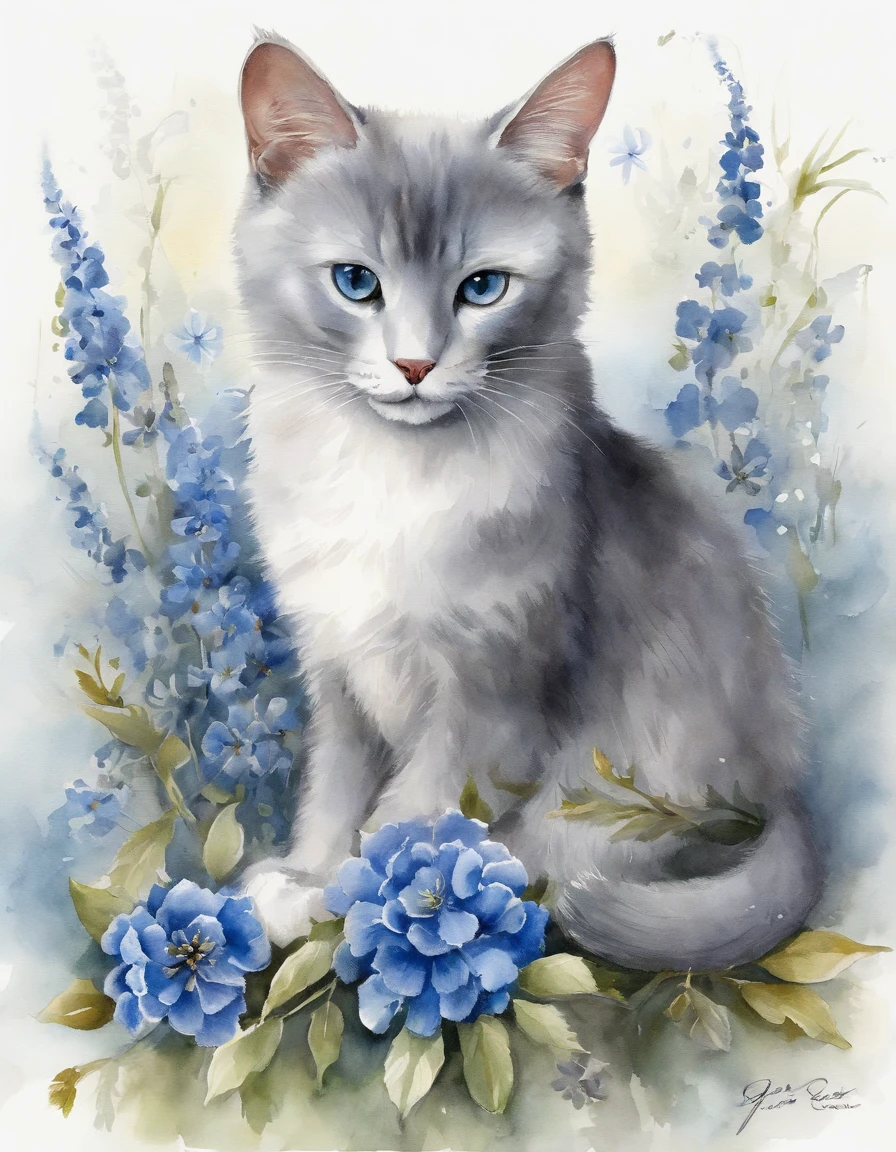 「It is a design with the theme of Russian blue cat and blue flowers。The characteristic blue fur of the Russian Blue cat is depicted in detail、Blue flowers spread elegantly around。Pale background and delicate light and dark、Bringing tranquility and beauty to the design。It is a work that expresses the charm of the Russian blue cat and the elegance of blue flowers.。Watercolor sublimation, Vector Art, Illustration, Intricate details, Highly detailed, detaileds, 12K, High resolution, hyper HD
