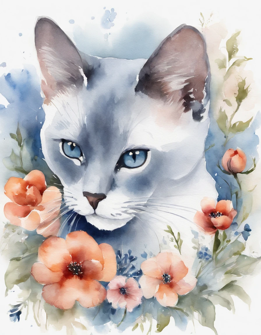 「It is a design with the theme of Russian blue cat and blue flowers。The characteristic blue fur of the Russian Blue cat is depicted in detail、Blue flowers spread elegantly around。Pale background and delicate light and dark、Bringing tranquility and beauty to the design。It is a work that expresses the charm of the Russian blue cat and the elegance of blue flowers.。Watercolor sublimation, Vector Art, Illustration, Intricate details, Highly detailed, detaileds, 12K, High resolution, hyper HD
