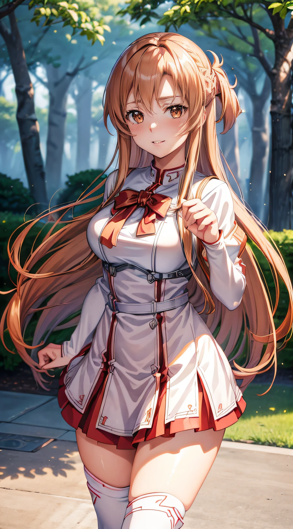 (Best Quality,8ＫImagen,High resolution:1.2),Intricately detailed,[3D images:1.35]、[[In high-quality anime、Cute Asuna with brown hair and brown eyes:1.15]],Ultra-detailed, Long straight hair, Kawaii Girl, Sharp eyes,  [[Highkick:1.15]]， In Battle、 Realistic portrayal,  Work with the background, High school students, Wearing white and red school uniforms