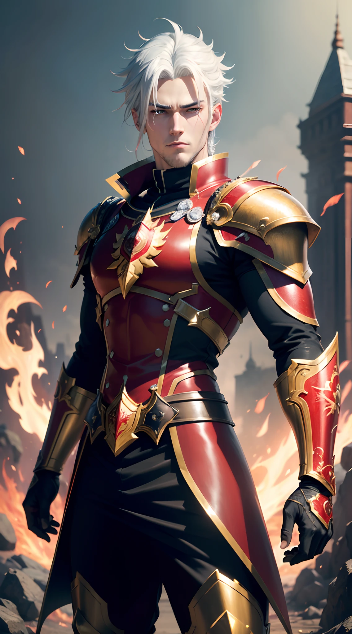(masterpiece), (highly detailed), (best quality,8k,ultra-detailed,realistic),cool anime boy with white hair in red and gold, Royal knight, elegant, full body, striking manly pose, Battlefield background, fire and chaos, vibrant colors, photo-realistic anime style, sharp focus, dynamic lighting, capturing every detail