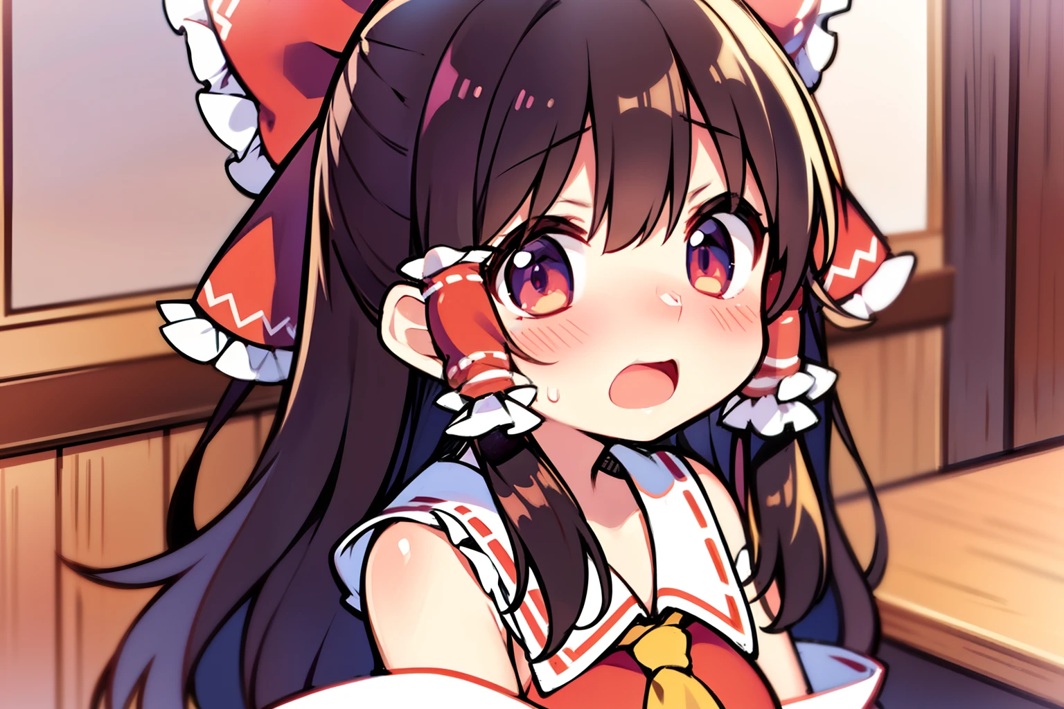 ((upper body))、far from viewer,Reimu Hakurei、blush、one girl、solo、(embarrassing)、open your mouth、((My eyes are spinning))、pure white background、