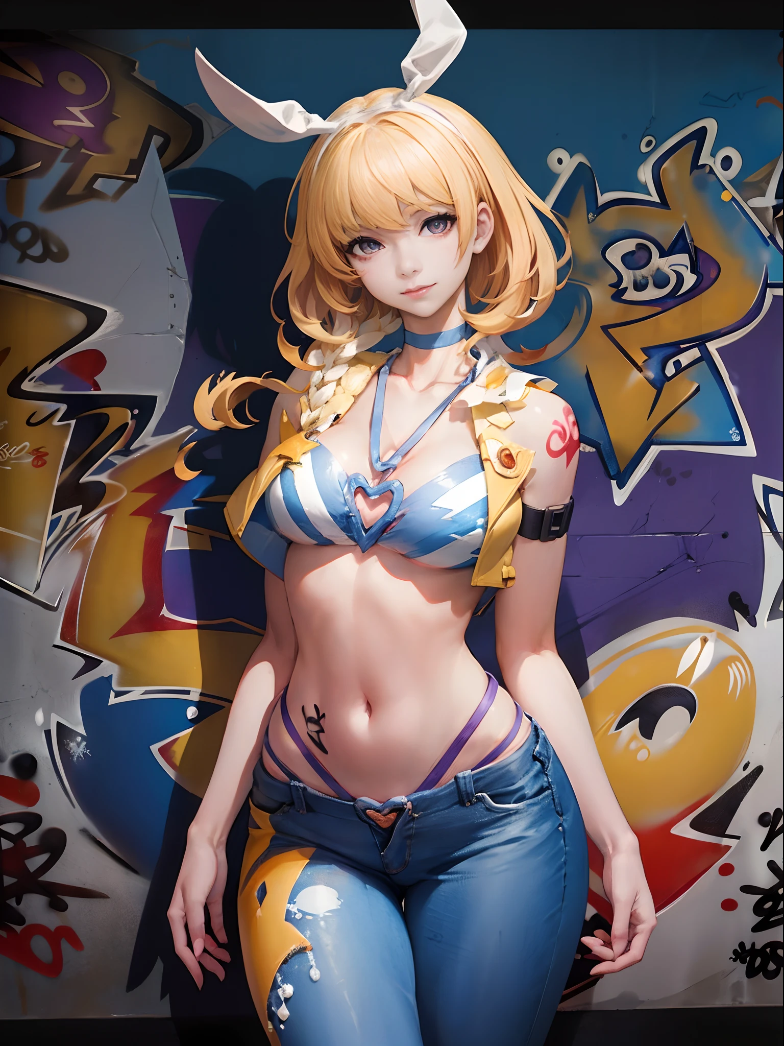 purple|Arena of Valor, master-piece, bestquality, 1girls,25 years old, proportional body, elongated legs, Beautiful, proportional., crop top, Long Jeans, gigantic breasts, ,bara, crop top, choker, (Graffiti:1.5), Splash with purple lightning pattern., arm behind back, against wall, View viewers from the front., Thigh strap, Head tilt, bored, Challenge yourself in battle.......,
