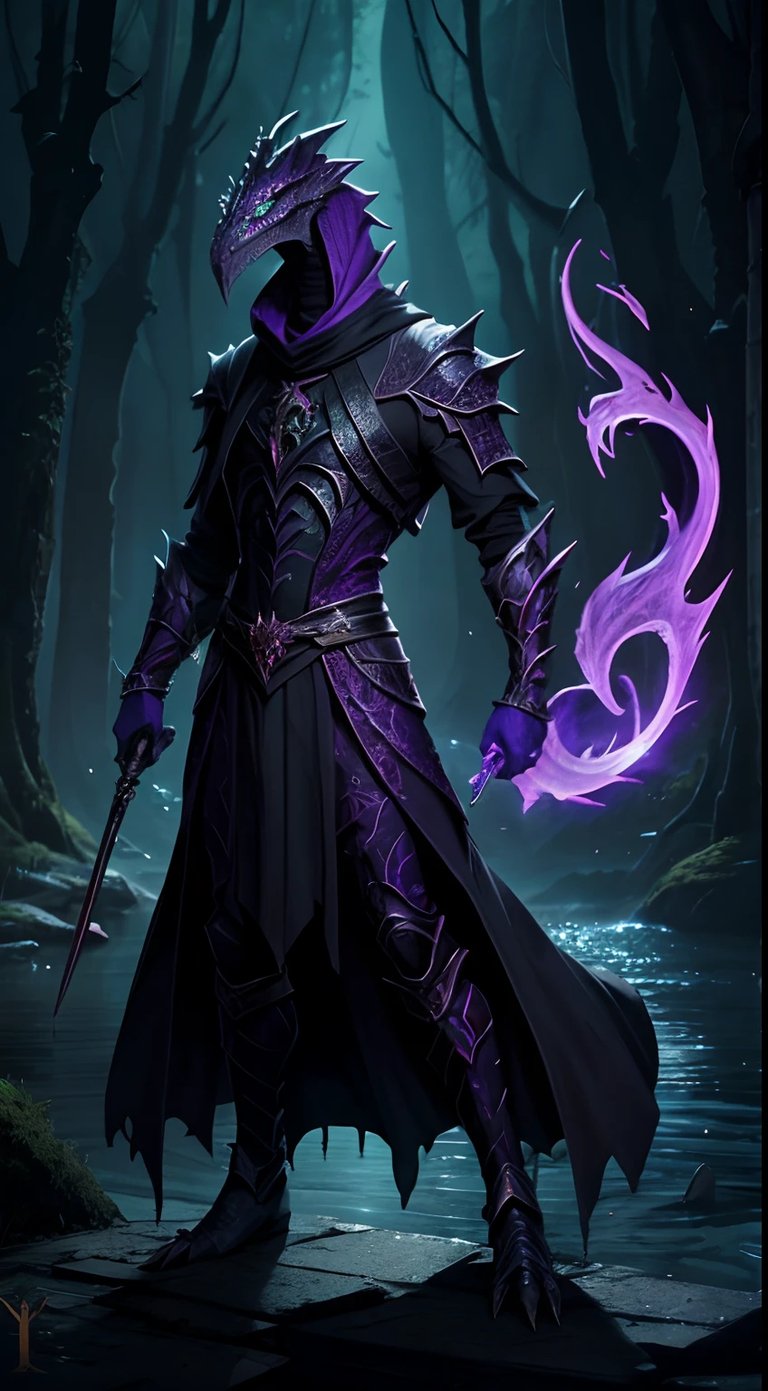 basilisk mask creature, necromancer style, magic wand, full body, soul lake background, dark fantasy colors area, masterpiece, ultra high quality, ultra face detail