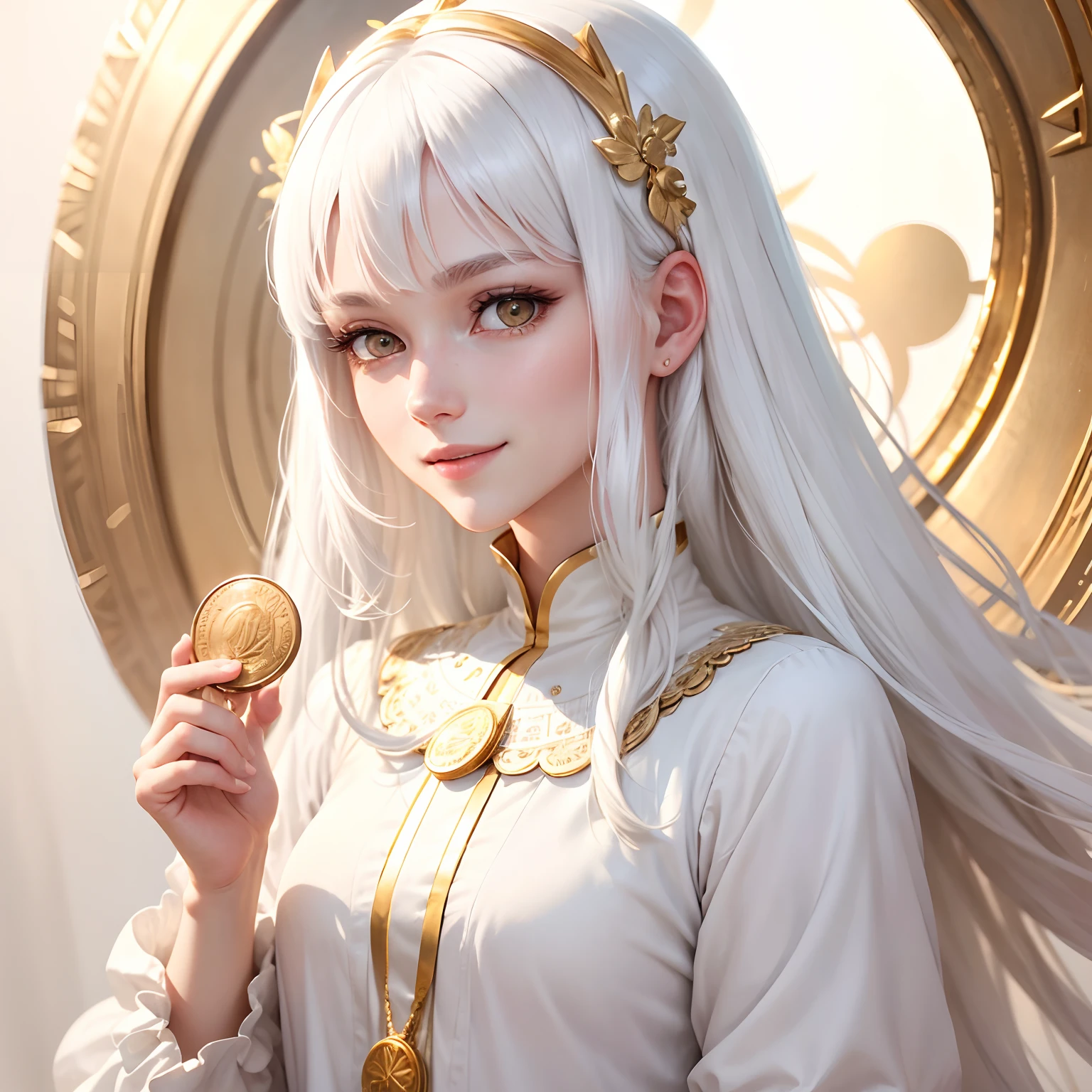 best quality, white hair, gold eyes, white clothes, looking up, upper body, hair strand, Fair skin, smiling, Holding a coin in both hands