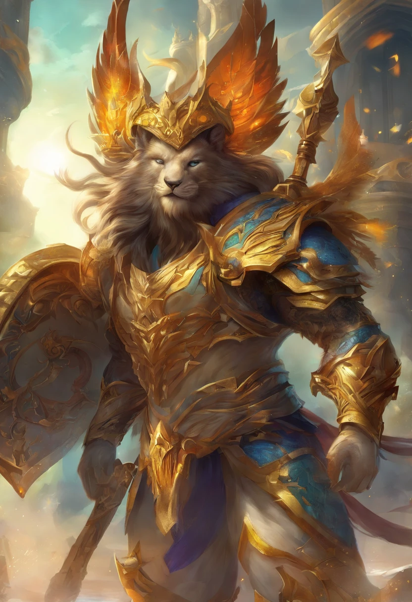 (master part) best quality, Ultra HD |, 32k、(Arte Fractal:1.3)、Lobo maligno colorasculino altamente detalhado)), sorriso suave　masculino e forte　Smooth expression　um sorriso　tiro de corpo inteiro　golden light looking at the camera, ao fundo Sevilha, Espanha, altamente detalhado, ultra-realistic, detalhes intrincados, Pintura (Artesanato), ((master part, best quality)), ((Cinematic light)), hyper realistic, fearsome, fantasia sombria, epic realistic, arte, (HDR:1.5) , hiper detalhado, (art station:1.5), cinemactic, luzes quentes, Efeito de Luz, dramatic light, (detalhes intrincados:1.1), Antecedentes complexos, (Greg Rutkowski:0.8),