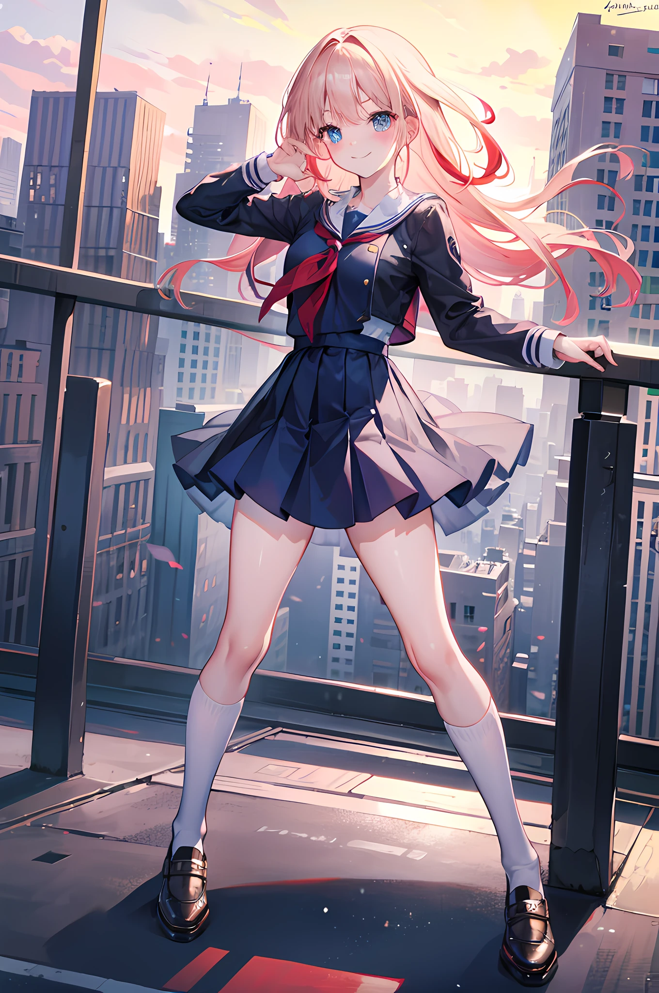 (best quality, 8k, masterpiece:1.2), cute, hot, smile, blushed, school dress, perfect eyes, expressive eyes, dynamic pose, city background, cityscape, simple background, beautiful pose, full body