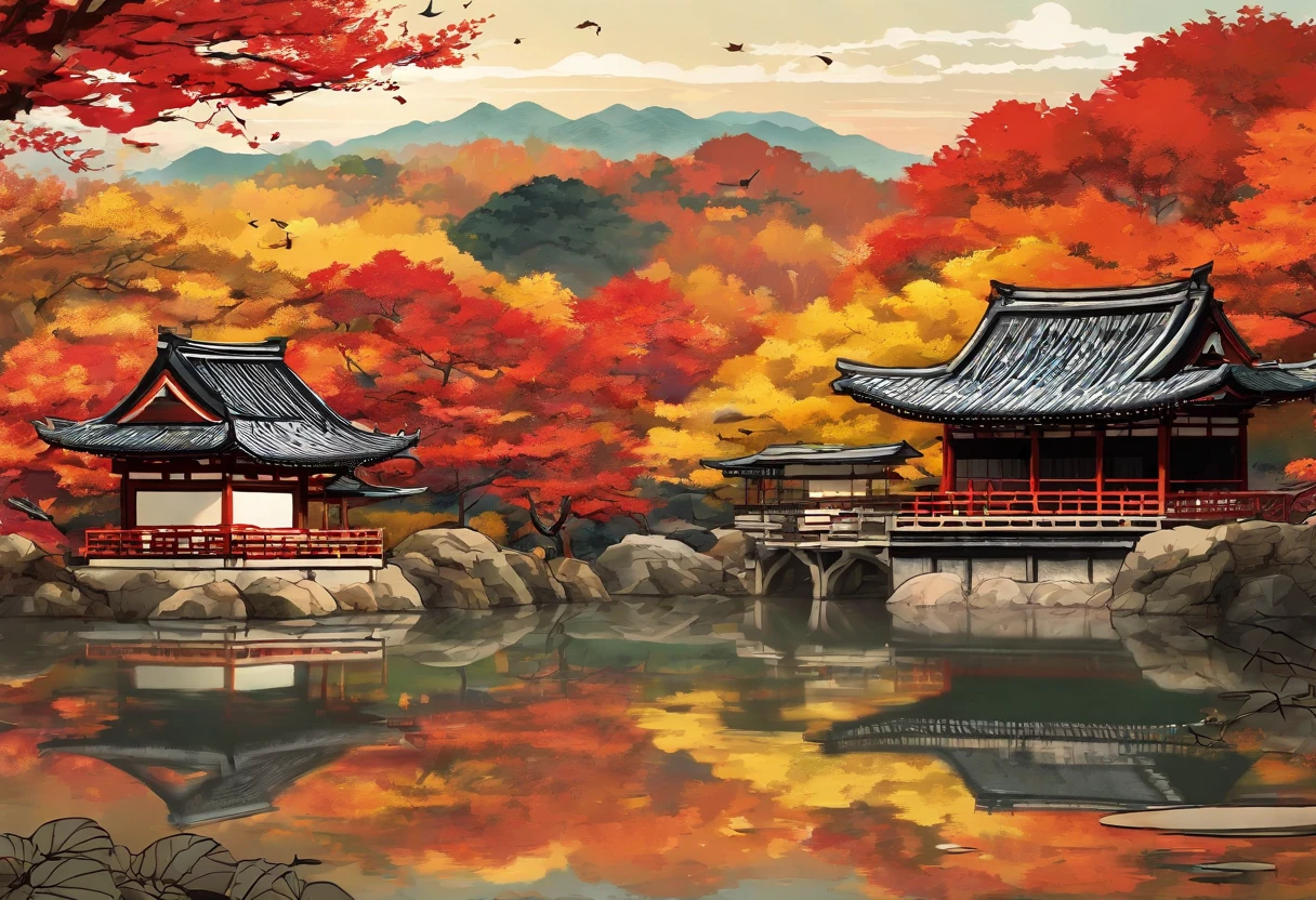 (((sunset:1.5, sunset light:1.3, moody light:1.3, cinematic light:1.3)))), An illustration of the scenery of the autumn leaves are depicted in a double layer due to the mirror reflection of Korin-in, Daitoku-ji Temple. at night, ultra-detailed, hyper-sharp, digital illustration, Place: Daitokuji Korin-in room Time: Autumn Subject: A specular reflection of autumn foliage The illustration depicts the specular reflection of autumn leaves on a table in the interior of Daitokuji Korin-in Temple. The table is in a room with a calm atmosphere like a tea room. The scenery of autumn leaves is clearly projected on the table. The scenery of autumn leaves is thought to have been seen from famous spots for autumn leaves such as the Sanmon Gate and Hojo in the precincts of Daitokuji Temple. The autumn leaves are dyed in various colors such as red, yellow, and orange, creating an atmosphere of autumn. (((In the illustration, the autumn leaves are depicted in a double layer due to the mirror reflection: 1.5))), which further emphasizes the beauty of the autumn leaves. In addition, the mirror reflection connects the interior and the landscape of the precincts, giving a sense of the depth of the space. Fittings such as shoji and fusuma in the room light from window Vividly expressing the colors of autumn leaves Emphasizing the beauty of autumn leaves by mirror reflection Expressing a space where the interior and the scenery of the precincts are connected