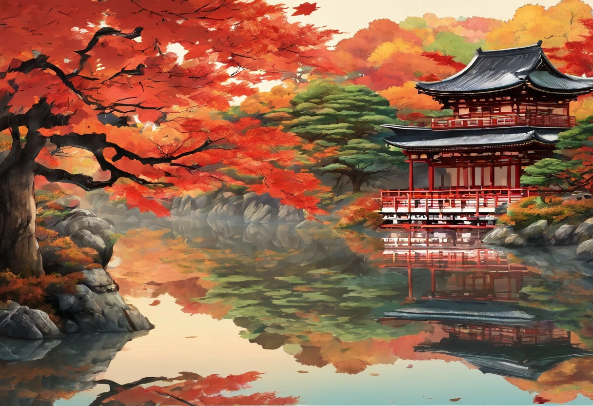 (((sunset:1.5, sunset light:1.3, moody light:1.3, cinematic light:1.3)))), An illustration of the scenery of the autumn leaves are depicted in a double layer due to the mirror reflection of Korin-in, Daitoku-ji Temple. at night, ultra-detailed, hyper-sharp, digital illustration, Place: Daitokuji Korin-in room Time: Autumn Subject: A specular reflection of autumn foliage The illustration depicts the specular reflection of autumn leaves on a table in the interior of Daitokuji Korin-in Temple. The table is in a room with a calm atmosphere like a tea room. The scenery of autumn leaves is clearly projected on the table. The scenery of autumn leaves is thought to have been seen from famous spots for autumn leaves such as the Sanmon Gate and Hojo in the precincts of Daitokuji Temple. The autumn leaves are dyed in various colors such as red, yellow, and orange, creating an atmosphere of autumn. (((In the illustration, the autumn leaves are depicted in a double layer due to the mirror reflection: 1.5))), which further emphasizes the beauty of the autumn leaves. In addition, the mirror reflection connects the interior and the landscape of the precincts, giving a sense of the depth of the space. Fittings such as shoji and fusuma in the room light from window Vividly expressing the colors of autumn leaves Emphasizing the beauty of autumn leaves by mirror reflection Expressing a space where the interior and the scenery of the precincts are connected