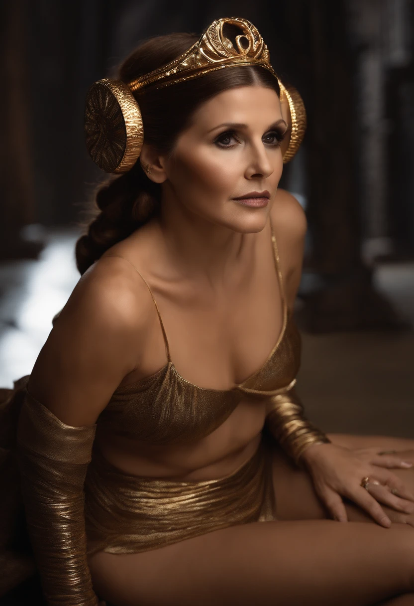 8k, hires, (celeb 27years carrie fisher/as princess leia), slave dancer, leia skin very beautiful, slave girl, sexy pose, slender body, french braid hair, gold metal collar, leia was chained by jabba the hutt, leia is jabba the hutt's slave, jabba is take off leia's bikini