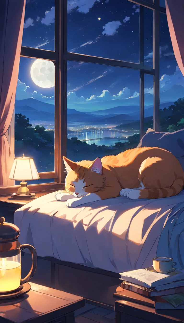 cat sleeping on a pillow, cup of tea with steam, ,window with beautiful landscape, night sky, moon.