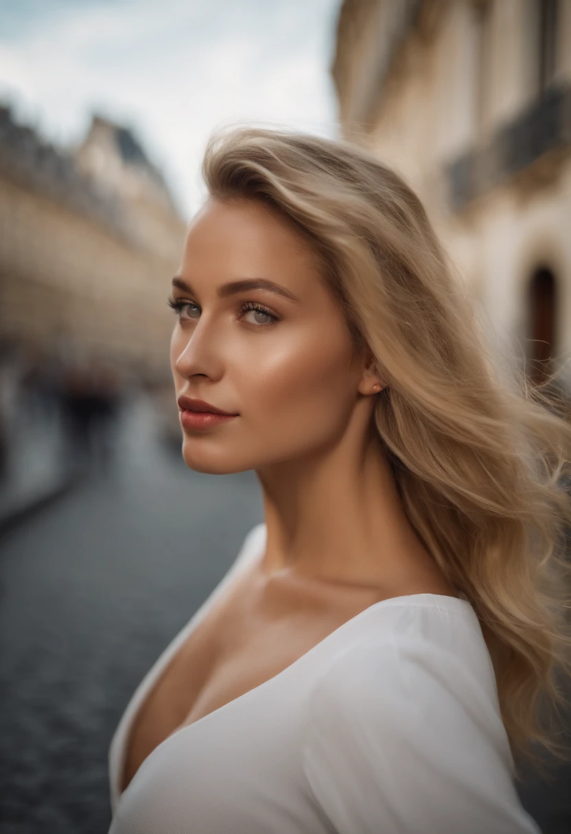 Blonde woman with long hair and white t-shirt staring at camera, Close up of blonde woman, blonde and attractive features, blonde swedish woman, Blonde Woman, a photography of a beautiful woman, Attractive woman, Young blonde woman, Beautiful blonde woman, a girl with blonde hair, women's pictures, Beautiful rounded face, attractive young woman, portrait of a beautiful model, 27 years old girl, 5.6 feet tall girl, a bit athletic, 200 pounds, medium size arms, medium size shoulders and neck, medium size waist and belly, arched spine, very large curves, very big and wide hips, very big thighs, medium size calves, full body visible, finely detailed skin, highly detailed eyes, highly detailed nose, highly detailed lips and mouth, extremely delicate and beautiful, amazing, sharp focus, (cinematic lighting), soft lighting, dynamic angle, ultra high-res, masterpiece, best quality, (photorealistic:1.4, realistic), highly detailed CG unified 8K wallpapers, looking at viewer, (HQ skin:1.4), 8k uhd, soft lighting, deep shadows, dslr, Kodak ektar 100, Fujifilm XT3, F4, 1/800s, ISO 100, RAW high quality, film grain, ultra resolution 8k--ar 85:107, walking down a paris street