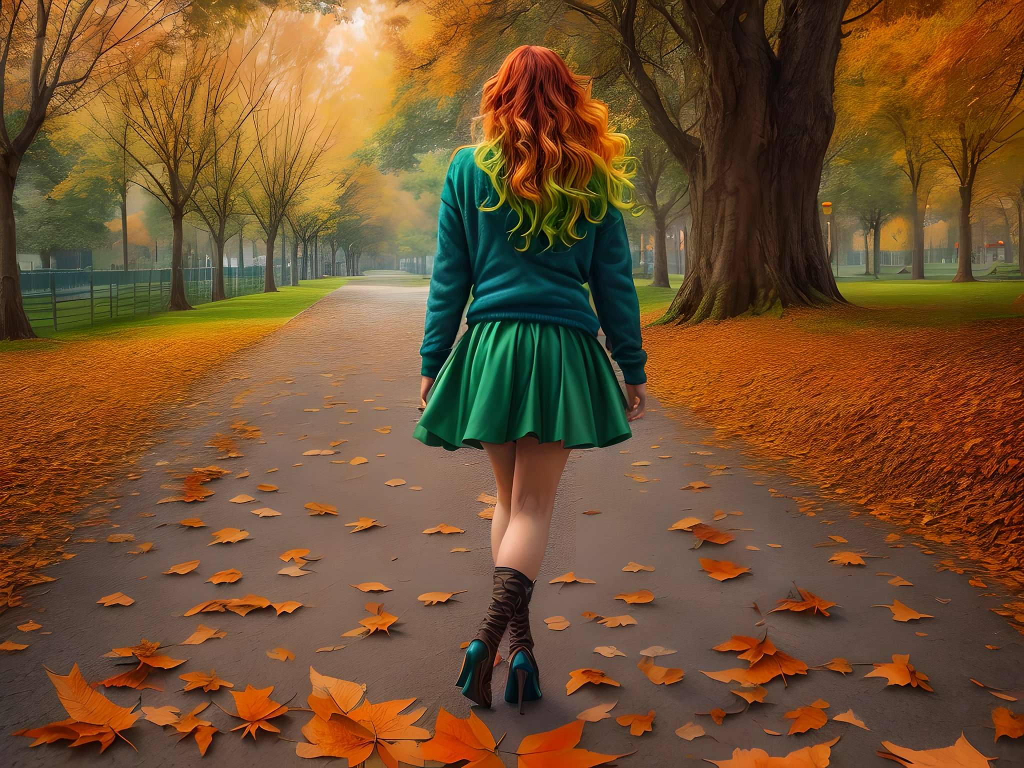 a model shot of woman walking in the park at autumn, a young woman, wearing a (short blue skirt: 1.1), (green hair: 1.1), long hair, wavy hair, high heels, strolling in the park at autumn, a shot from the rear, she is leaving, no looking back, there are leaves on the road, many leaves in red, orange and brow, full spectrum, vibrant colors, urban park at autumn background, trees with orange, red, yellow leaves, a sense of departure, glamours shot, best quality, 16k, [ultra detailed], masterpiece, best quality, (ultra detailed), full body, ultra wide shot, photorealistic