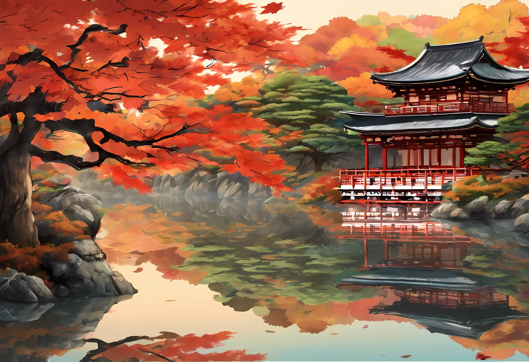(((sunset:1.5, sunset light:1.3, moody light:1.3, cinematic light:1.3)))), An illustration of the scenery of the autumn leaves are depicted in a double layer due to the mirror reflection of Korin-in, Daitoku-ji Temple. at night, ultra-detailed, hyper-sharp, digital illustration, Place: Daitokuji Korin-in room Time: Autumn Subject: A specular reflection of autumn foliage The illustration depicts the specular reflection of autumn leaves on a table in the interior of Daitokuji Korin-in Temple. The table is in a room with a calm atmosphere like a tea room. The scenery of autumn leaves is clearly projected on the table. The scenery of autumn leaves is thought to have been seen from famous spots for autumn leaves such as the Sanmon Gate and Hojo in the precincts of Daitokuji Temple. The autumn leaves are dyed in various colors such as red, yellow, and orange, creating an atmosphere of autumn. (((In the illustration, the autumn leaves are depicted in a double layer due to the mirror reflection: 1.5))), which further emphasizes the beauty of the autumn leaves. In addition, the mirror reflection connects the interior and the landscape of the precincts, giving a sense of the depth of the space. Fittings such as shoji and fusuma in the room light from window Vividly expressing the colors of autumn leaves Emphasizing the beauty of autumn leaves by mirror reflection Expressing a space where the interior and the scenery of the precincts are connected