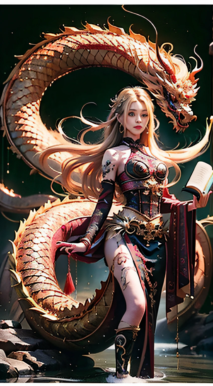 （8K，RAW photo，Best quality, Masterpiece: 1.2, Intricate details, the wallpaper, 超高分辨率), (Realistic dragons), a very exquisite and beautiful girl, tattooed girls，Very detailed, Amazing, exquisitedetails, offcial art, ultra-detailliert, high-class, beautiful details girl, with a radiant face, a girl  standing in front of a dragon, full bodyesbian, long dragon, (Floating blonde hair), jade water book, water, Waves, fullofwaterenergy, All mechanical, pink mechanical, mix4,Chinese style