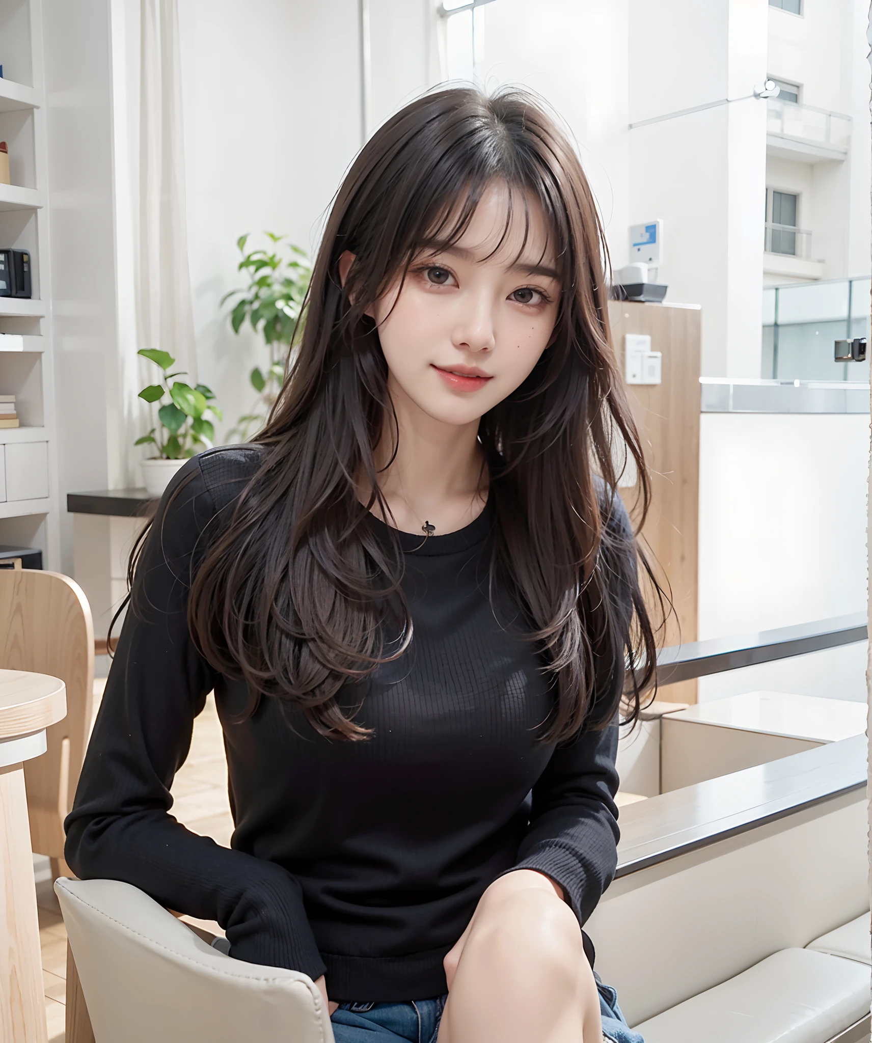 Alafe woman sitting on chair with food plate, Gorgeous young Korean woman, beautiful Korean women, Beautiful young Korean woman, Asian girl with long hair, Korean Girl, With long hair, jaeyeon nam, Korean Woman, mid long hair, lee ji - eun, lee ji-eun, korean female fashion model, Choi Hong Hwa、A smile、Beautiful face、lifelike face、Top image quality