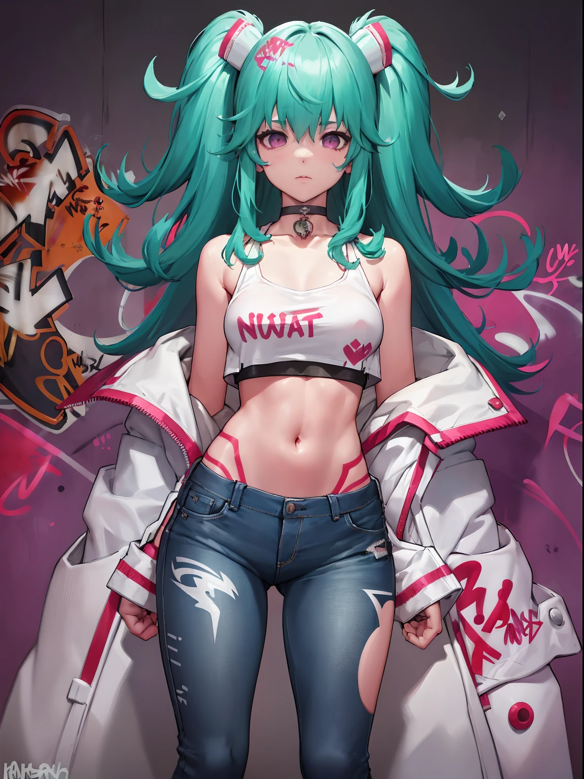 turn_nurse|Arena of Valor, master-piece, bestquality, 1girls,25 years old, proportional body, elongated legs, Beautiful, proportional., crop top, Long Jeans, gigantic breasts, ,bara, crop top, choker, (Graffiti:1.5), Splash with purple lightning pattern., arm behind back, against wall, View viewers from the front., Thigh strap, Head tilt, bored,