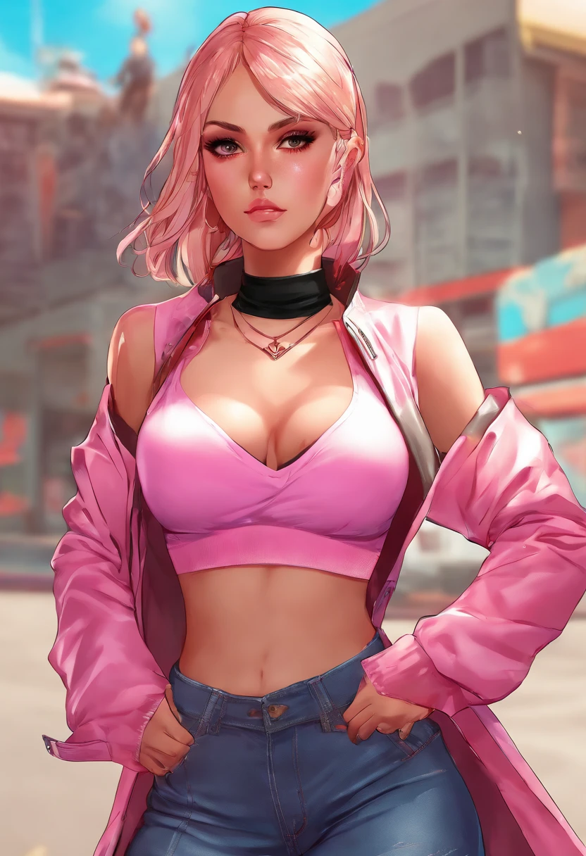 (((masterpiece))),((ultra-detailed)),(extremely detailed CG unity 8k wallpaper),high resolution, (extremely detailed illustration), 1girl, black choker, jacket, bobcut, looking at viewer, open jacket, off shoulder, bare shoulders, bangs covering right eye, black sports bra, stomach, stockings, hairband, open clothes, black jacket, short hair, cleavage, collarbone, midriff, fullbody, blush, standing, thighs, heart shaped eyes,