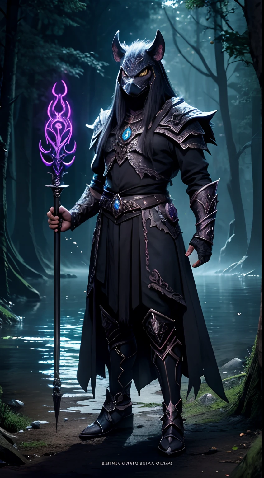 wild boar mask creature, necromancer style, magic wand, full body, soul lake background, dark fantasy colors area, masterpiece, ultra high quality, ultra face detail