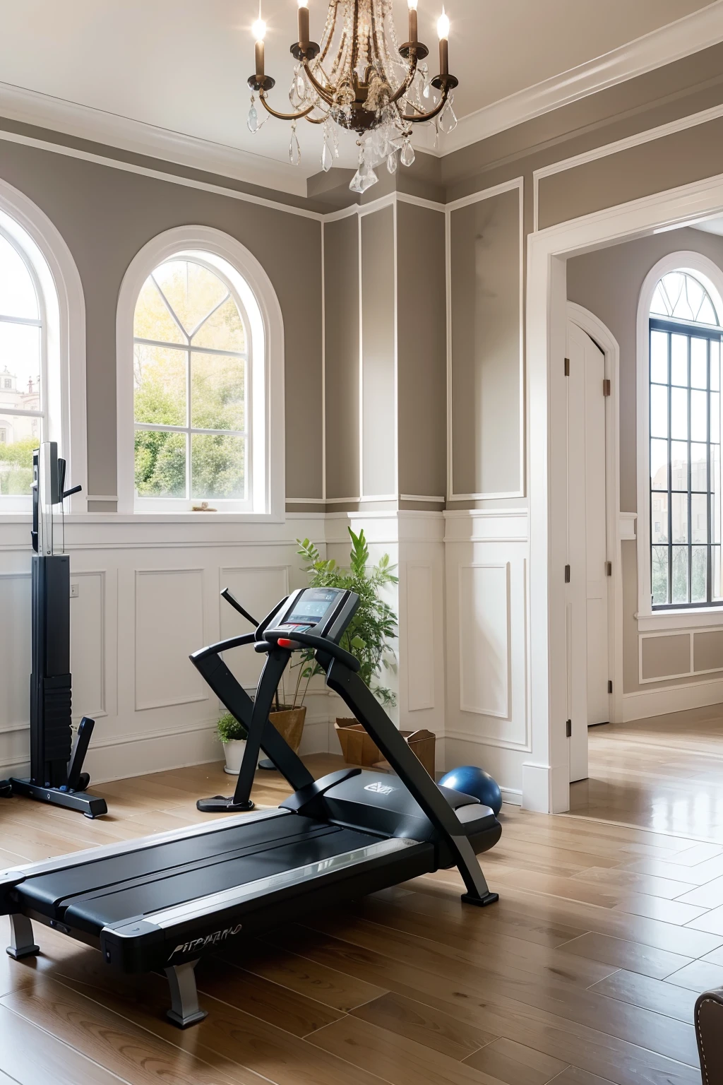 Elegant space，Bright，European style wainscoting，There is a variety of fitness equipment，River view from the window，Spanish style，color full