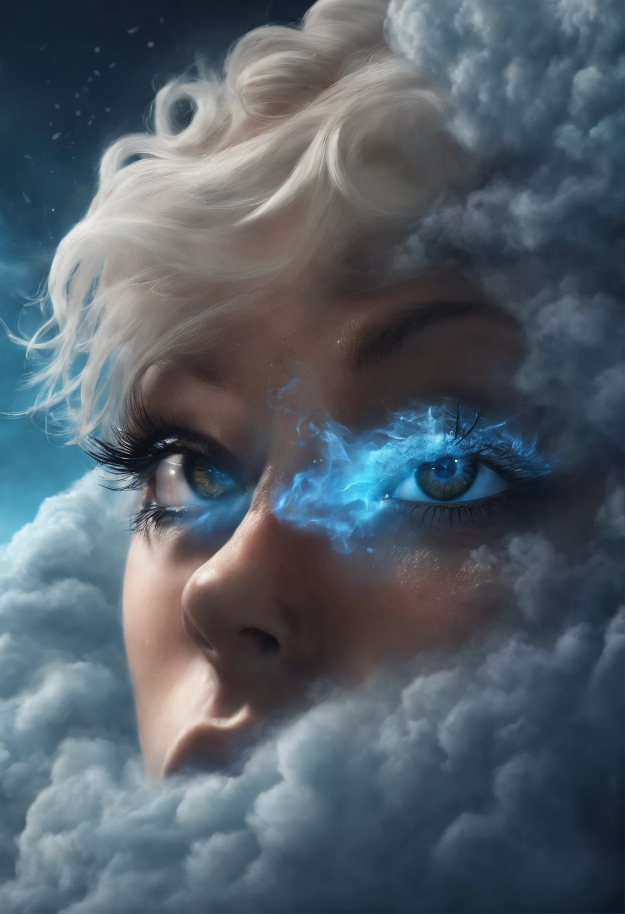 Eyes in volcanic smoke, a volcano erupts，The eyes are on it, Shades of blue, digital art inspired by Cyril Rolando, ultra-realistic realism, Portrait of a giant eye in volcanic smoke, mystic eye, There was a cloud of smoke in one eye, ultra-realistic realism