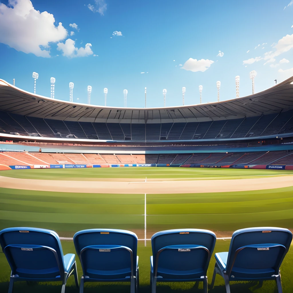 A cricket stadium with blue seats and beautiful grass