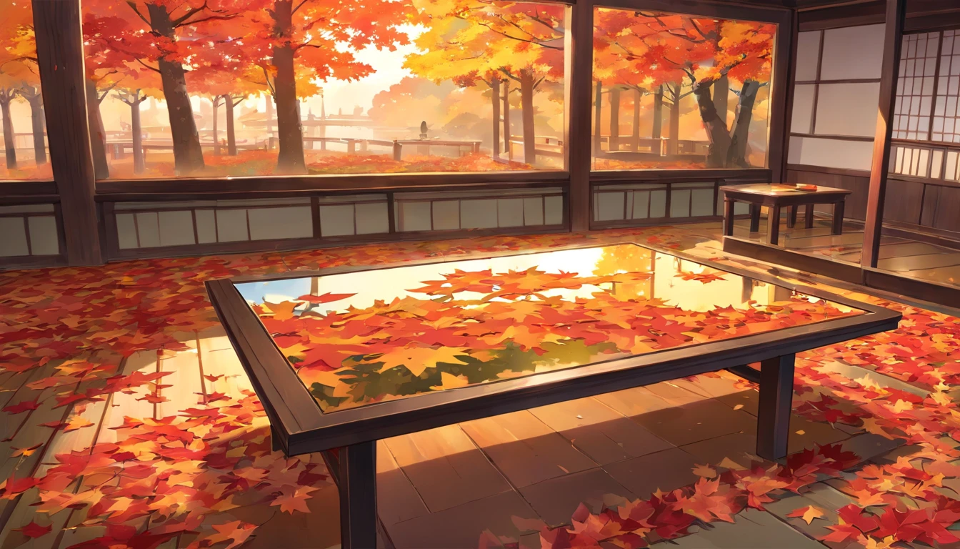 (((sunset:1.5, sunset light:1.3, moody light:1.3, cinematic light:1.3)))), An illustration of the scenery of the autumn leaves are depicted in a double layer due to the mirror reflection of Korin-in, Daitoku-ji Temple. at night, ultra-detailed, hyper-sharp, digital illustration, Place: Daitokuji Korin-in room Time: Autumn Subject: A specular reflection of autumn foliage The illustration depicts the specular reflection of autumn leaves on a table in the interior of Daitokuji Korin-in Temple. The table is in a room with a calm atmosphere like a tea room. The scenery of autumn leaves is clearly projected on the table. The scenery of autumn leaves is thought to have been seen from famous spots for autumn leaves such as the Sanmon Gate and Hojo in the precincts of Daitokuji Temple. The autumn leaves are dyed in various colors such as red, yellow, and orange, creating an atmosphere of autumn. (((In the illustration, the autumn leaves are depicted in a double layer due to the mirror reflection: 1.5))), which further emphasizes the beauty of the autumn leaves. In addition, the mirror reflection connects the interior and the landscape of the precincts, giving a sense of the depth of the space. Fittings such as shoji and fusuma in the room light from window Vividly expressing the colors of autumn leaves Emphasizing the beauty of autumn leaves by mirror reflection Expressing a space where the interior and the scenery of the precincts are connected