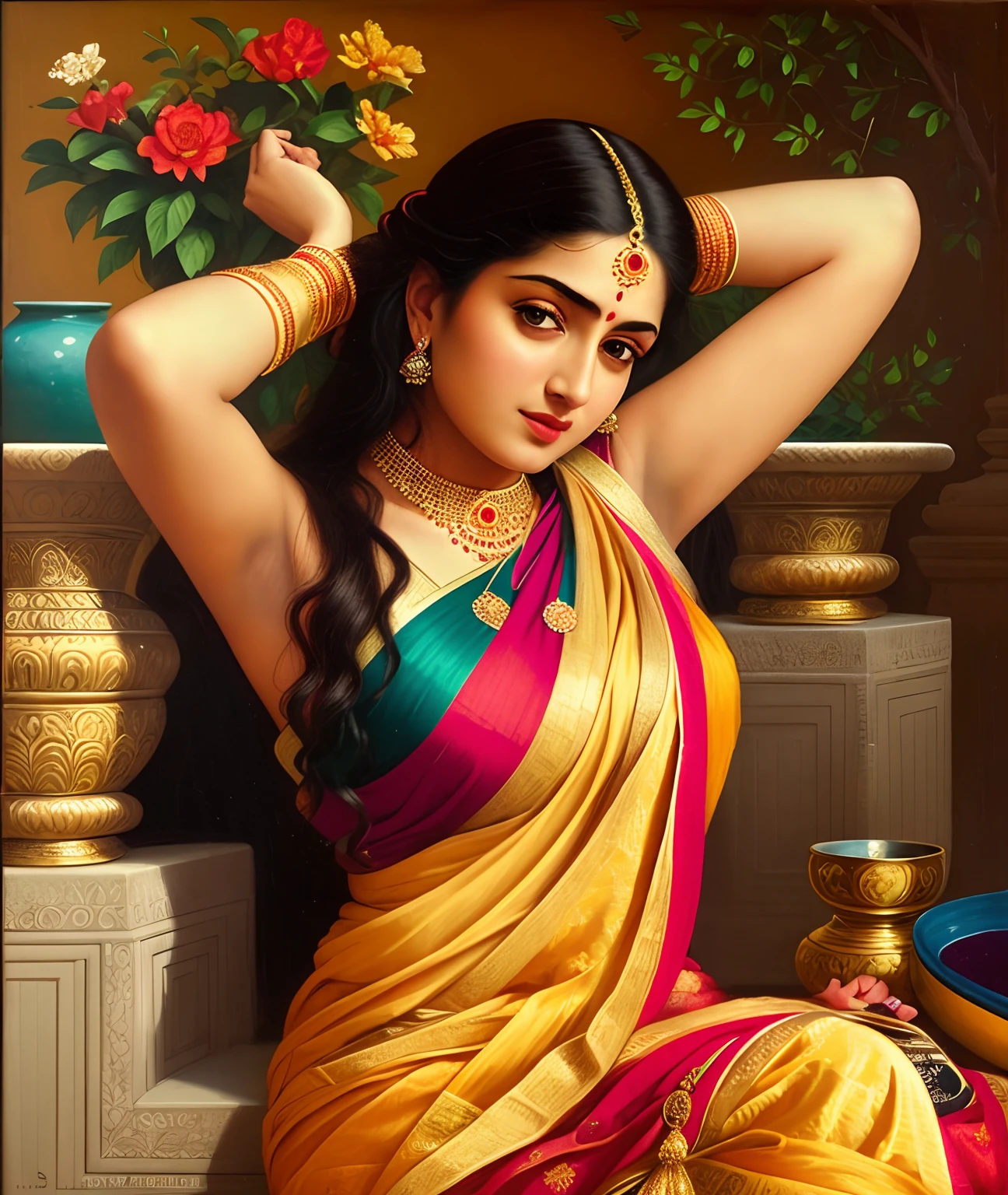 Masterpiece,8k uhd, hdr, realistic, hyper realistic, intricate, vibrant colour, painting of a woman in a yellow sari, beautiful navel, Indian sensibility, stunning beauty, Saree queen, traditional beauty, beautiful navel, 19th century art, high quality painting, beautiful details, traditional beauty, inspired by Raja Ravi Varma, indian art, by Raja Ravi Varma, painting of beautiful, inspired by T. K. Padmini, painting of a woman, by Sardar Sobha Singh, gorgeous woman, oil on canvas painting, traditional painting, oil-painting