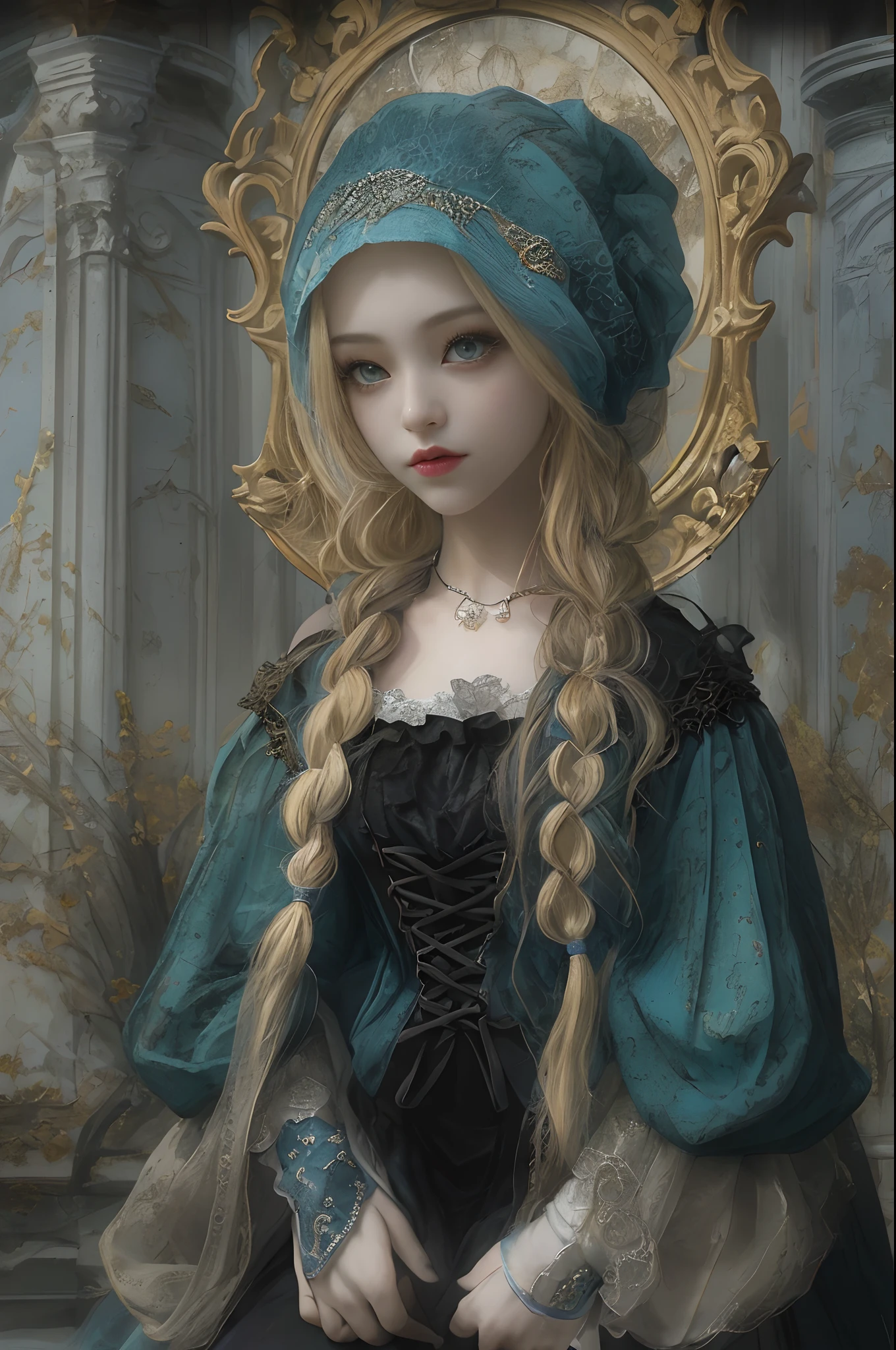 Top image quality、masterpiece、Thick painting of oil painting、Gustave Moreau's style、Beautiful fair-skinned girl、Fantasy 3D、The eyes are a little smaller and the iris is blue、Cute little face、a small face、Light makeup、blonde hair in braids、tiny chest、Big buttocks、Full body view from the knee up、Black gloves、gothic dress、long skirt、Moon world in the background、thirds rule、dynamic ungle