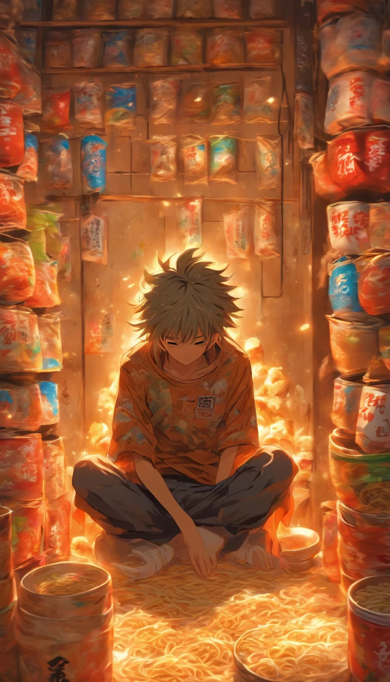 A young and emaciated person, wearing tattered clothes, squatting in a corner surrounded by empty instant noodle bags and bowls, emitting a depressing smell,in the style of the stars art group xing xing, 32k, best quality, masterpiece, super detail, high details