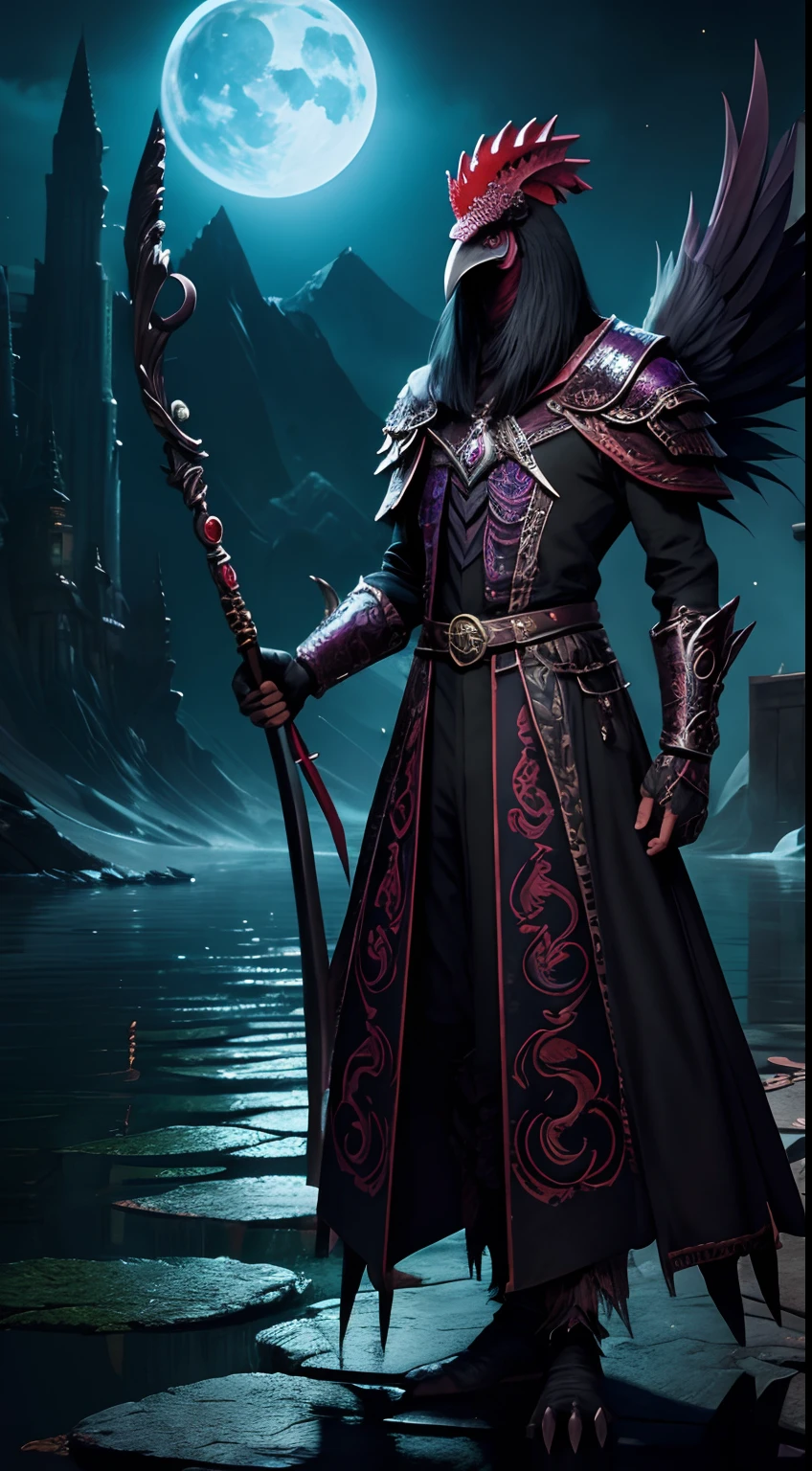 rooster mask creature, necromancer style, magic wand, full body, soul lake background, dark fantasy colors area, masterpiece, ultra high quality, ultra face detail