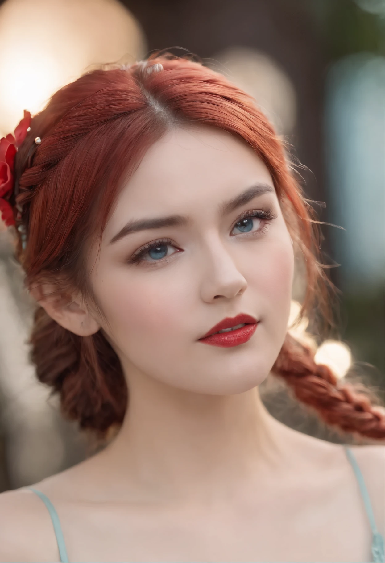 braided ponytail, red hairband, aqua eyes, makeup, licking lips, drunk, drooling, moaning, heavy breathing, saliva trail, red lips, glint, torogao, full-face blush, oral invitation, open mouth, Verism, motion lines, Sony FE GM, retina