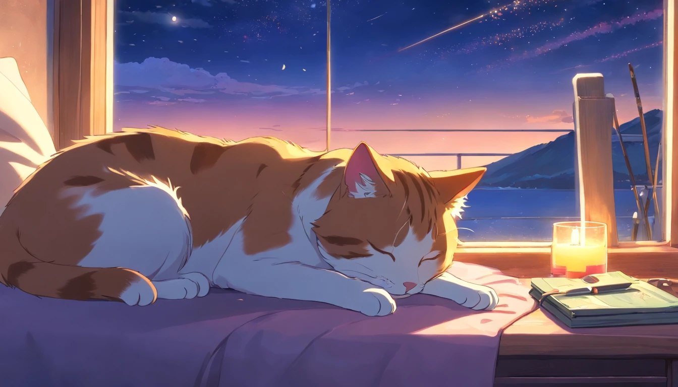 cat cute sleeping on a pillow ,window with beautiful landscape, night sky, moon.