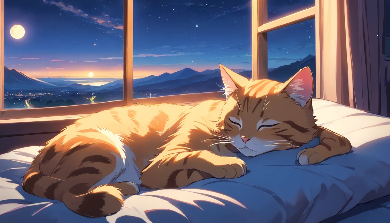 cat cute sleeping on a pillow ,window with beautiful landscape, night sky, moon.
