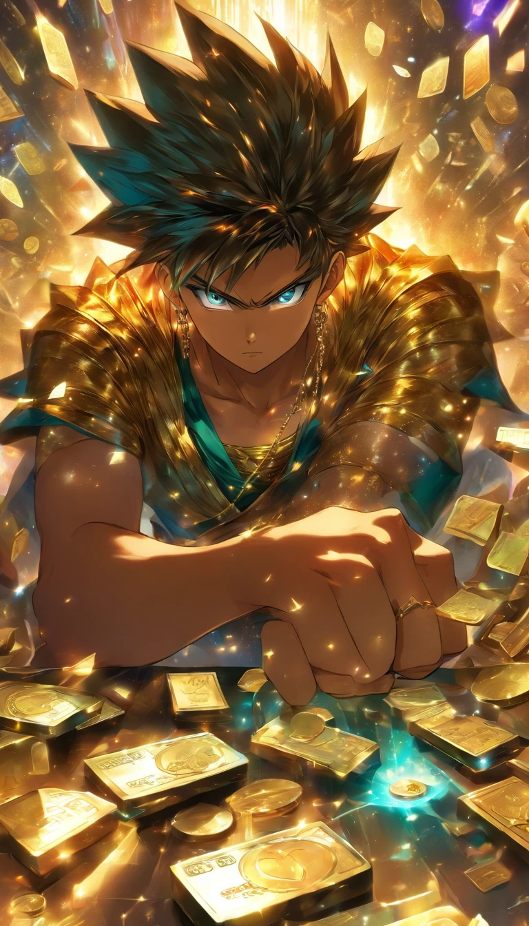 A young man sitting in front of a computer, holding a credit card in his hand, with a determined look on his face as he gazes at the game character on the screen. Piles of money and gold coins surround him, and sparkling jewels are scattered on the table. ,in the style of the stars art group xing xing, 32k, best quality, masterpiece, super detail, high details