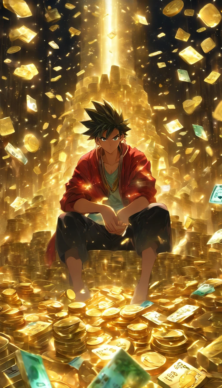 A young man sitting in front of a computer, holding a credit card in his hand, with a determined look on his face as he gazes at the game character on the screen. Piles of money and gold coins surround him, and sparkling jewels are scattered on the table. ,in the style of the stars art group xing xing, 32k, best quality, masterpiece, super detail, high details