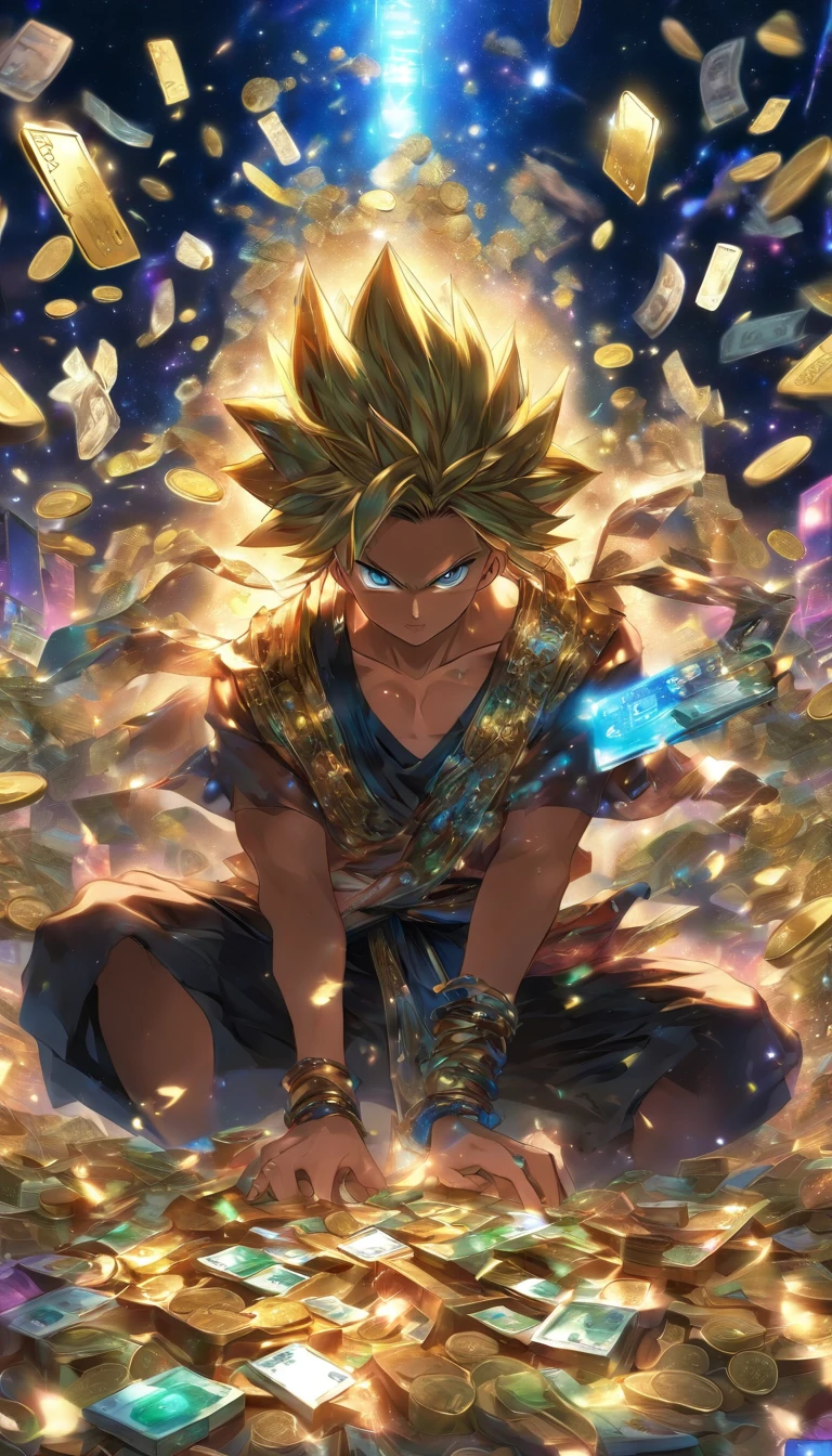 A young man sitting in front of a computer, holding a credit card in his hand, with a determined look on his face as he gazes at the game character on the screen. Piles of money and gold coins surround him, and sparkling jewels are scattered on the table. ,in the style of the stars art group xing xing, 32k, best quality, masterpiece, super detail, high details