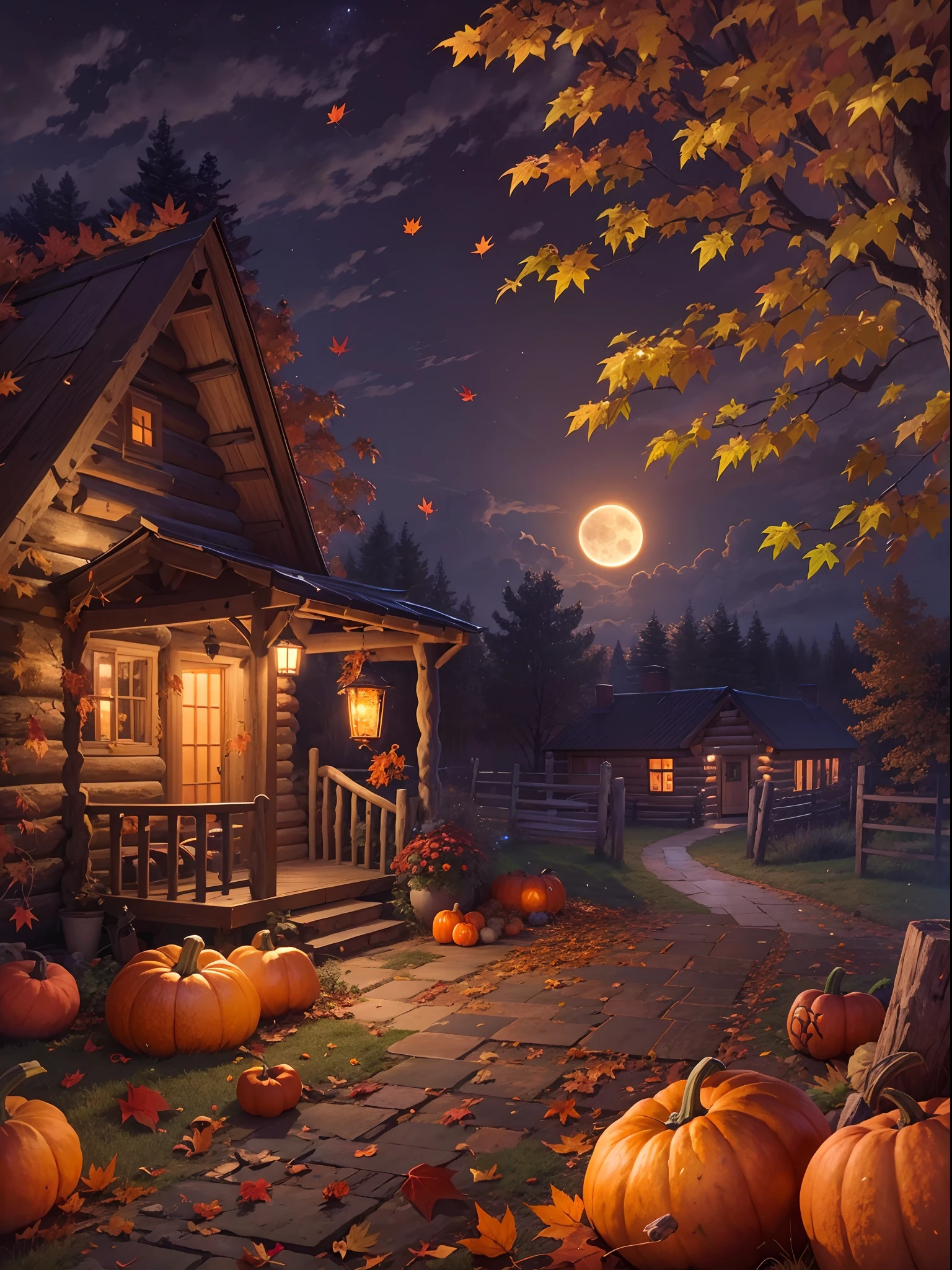 Autumn Scenery, pumpkins night view, full moon, small cabin, falling leaves, Autumn weather, Autumn, realistic, lantern, fireflames