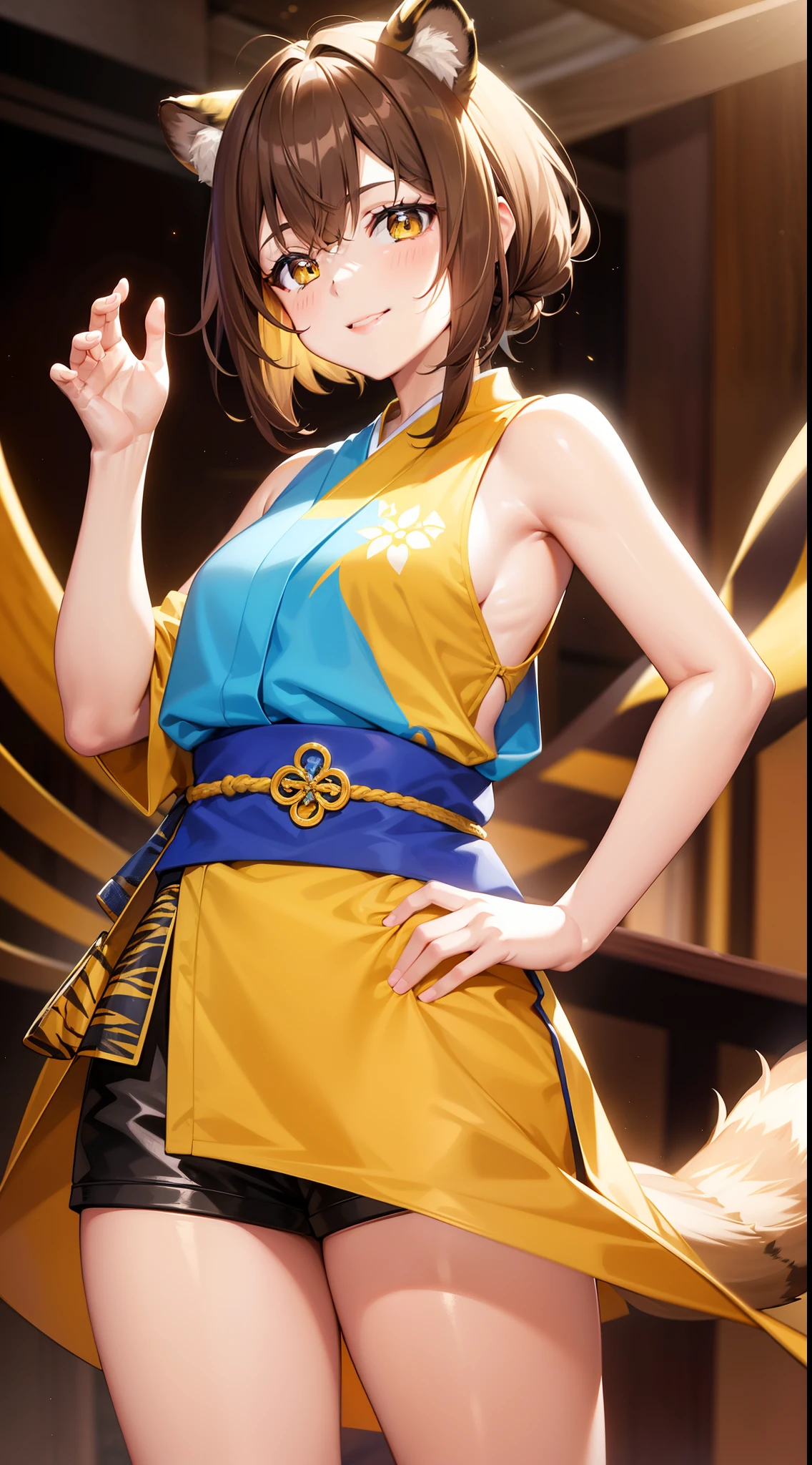 young girl, short brown hair, Two buns, Yellow eyes, Smile, tiger tail, Blue kimono, Gold Details, Sleeveless, Shorts, Masterpiece, hiquality, 4k, HD, Good detail