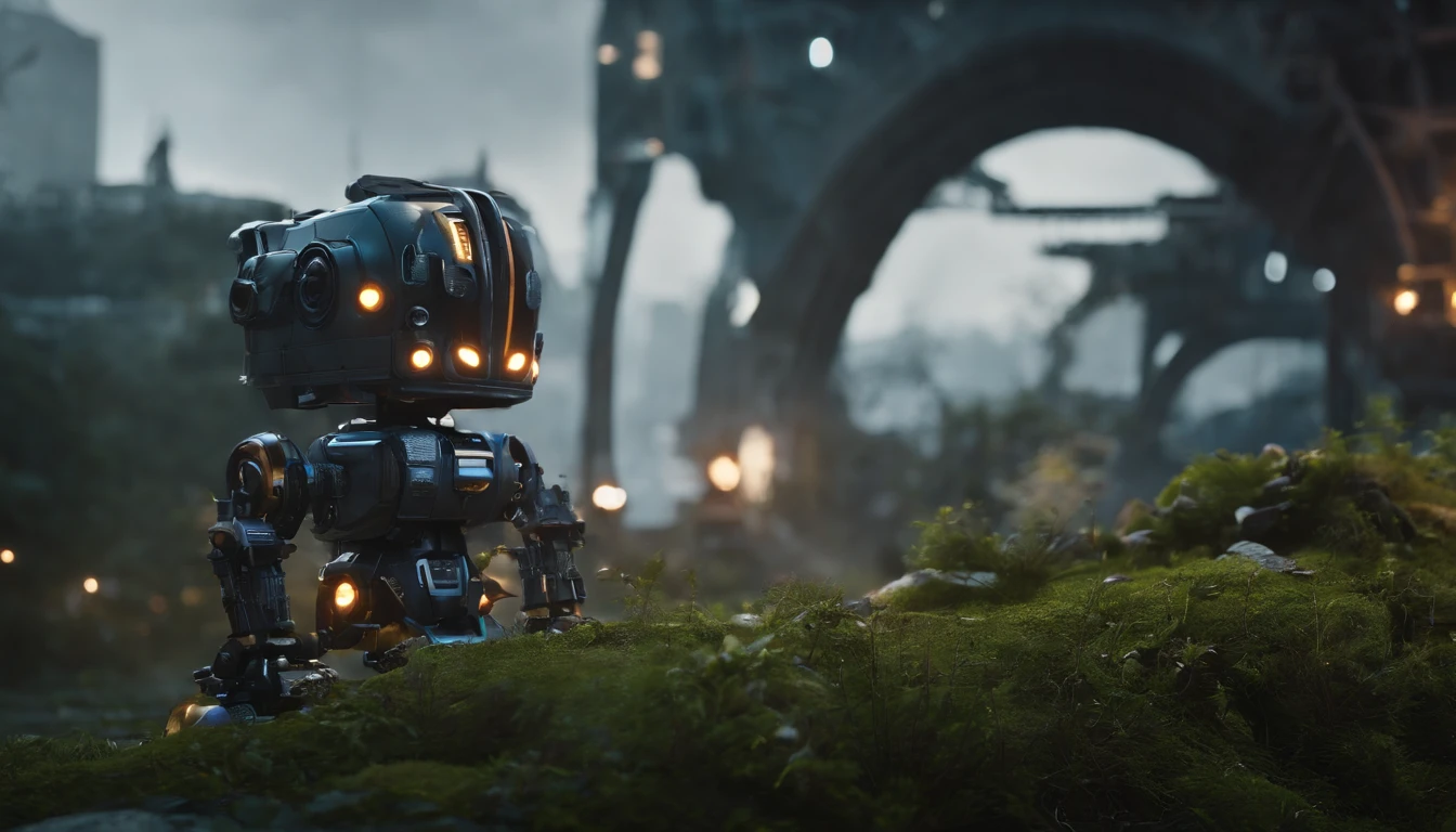 Chappie style babysitter ,a baby, ??? Robot,(masterpiece,extreme detailed,top quality) , Ruin ,very cute robot, (Movie lighting),(light and shadow effect),(unreal-engine),(Tyndall),(cinema4d),(Super futuristic fantasy style),(8k wallpaper),(tmasterpiece),(Photography Award),