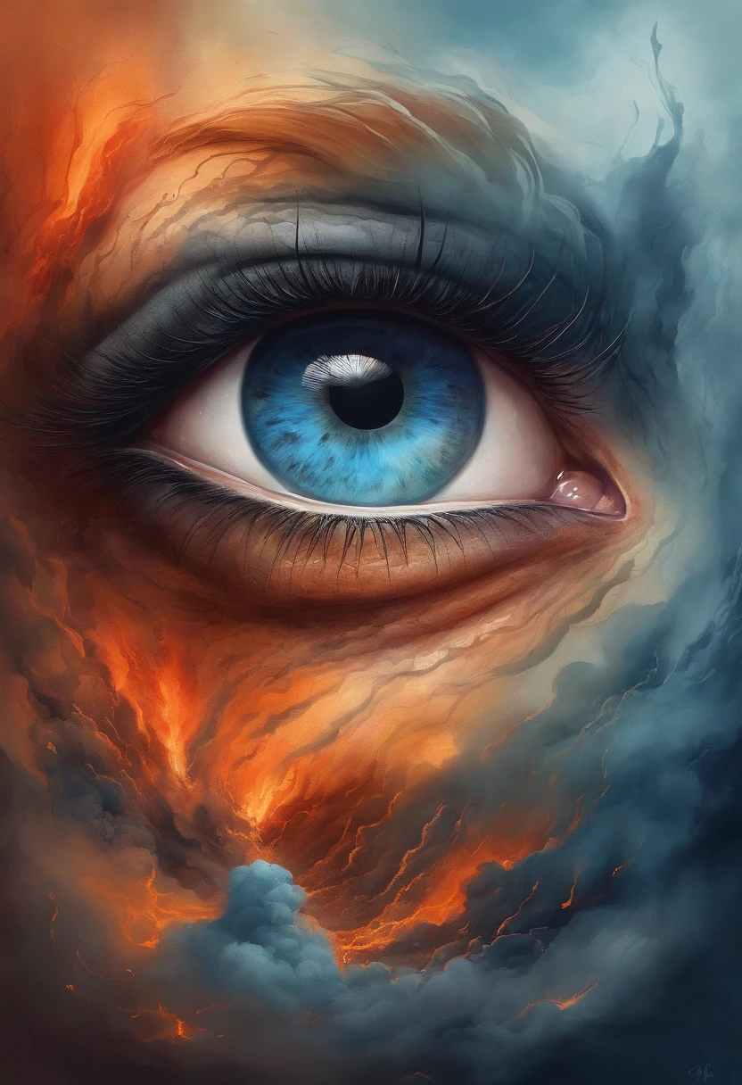 Eyes in volcanic smoke, a volcano erupts,The eyes are on it, Shades of blue, digital art inspired by Cyril Rolando, ultra-realistic realism, Portrait of a giant eye in volcanic smoke, mystic eye, A cloud of smoke in one eye, ultra-realistic realism