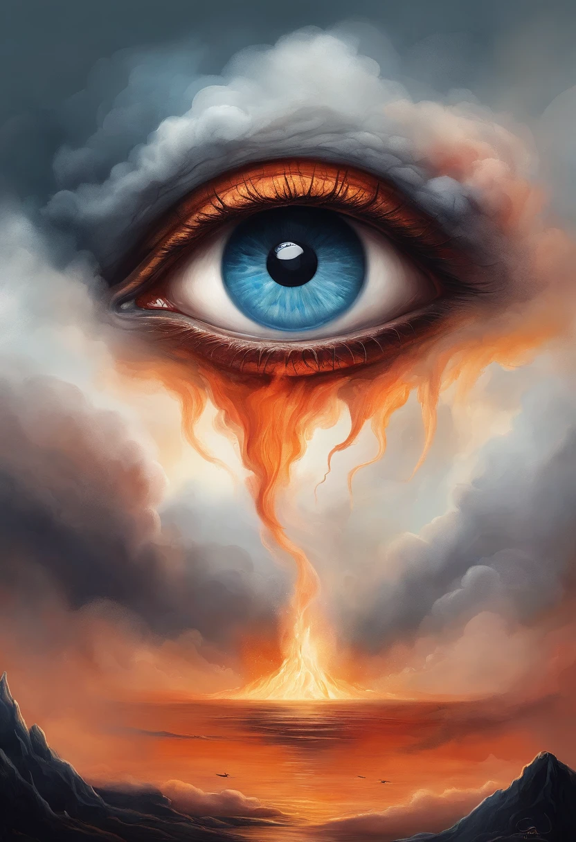 Eyes in volcanic smoke, a volcano erupts,The eyes are on it, Shades of blue, digital art inspired by Cyril Rolando, ultra-realistic realism, Portrait of a giant eye in volcanic smoke, mystic eye, A cloud of smoke in one eye, ultra-realistic realism