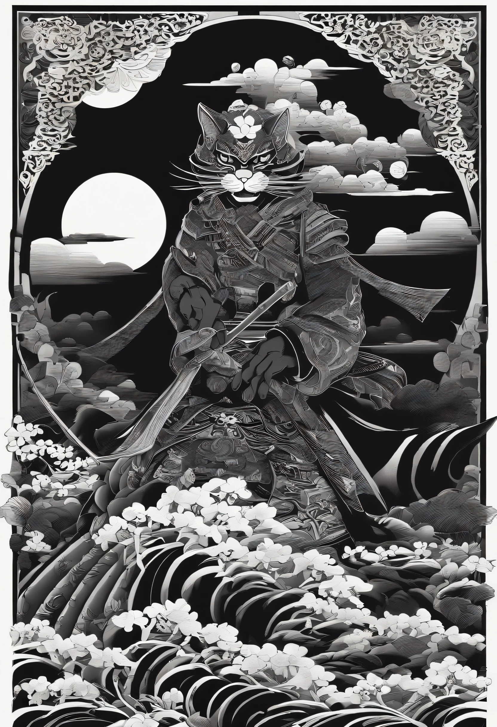 "(Black Samurai Cat+rot+blanche), incredible details, fierce pose, Traditional background of Japan, Magnificent illustrations, Perfect picture quality"