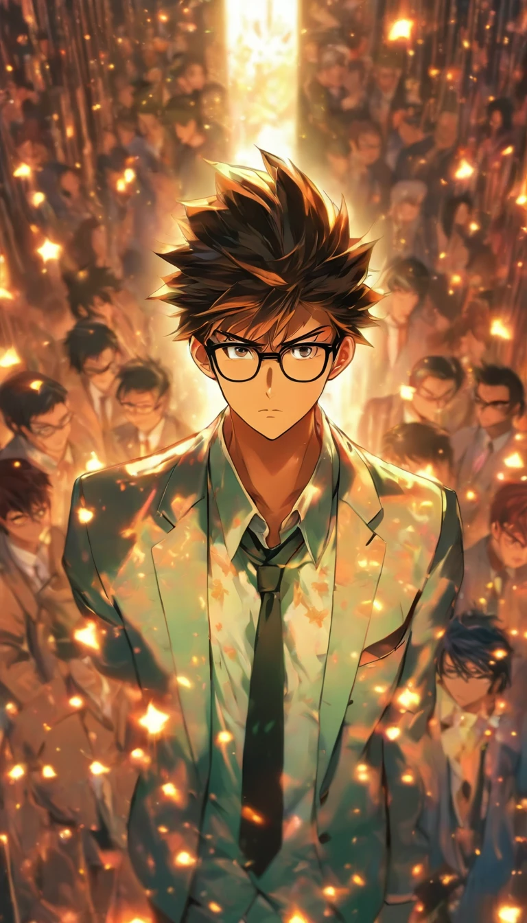 A young person in professional attire, wearing glasses, walks into the entrance of the unscrupulous company with a tired expression. The office is filled with tension as people whisper to each other. The young person is informed of their termination, a mixture of shock and helplessness on their face. ,in the style of the stars art group xing xing, 32k, best quality, masterpiece, super detail, high details
