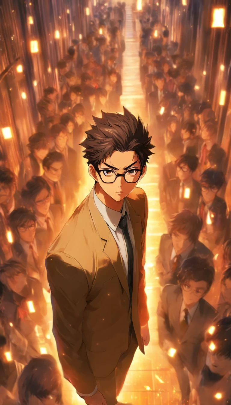 A young person in professional attire, wearing glasses, walks into the entrance of the unscrupulous company with a tired expression. The office is filled with tension as people whisper to each other. The young person is informed of their termination, a mixture of shock and helplessness on their face. ,in the style of the stars art group xing xing, 32k, best quality, masterpiece, super detail, high details