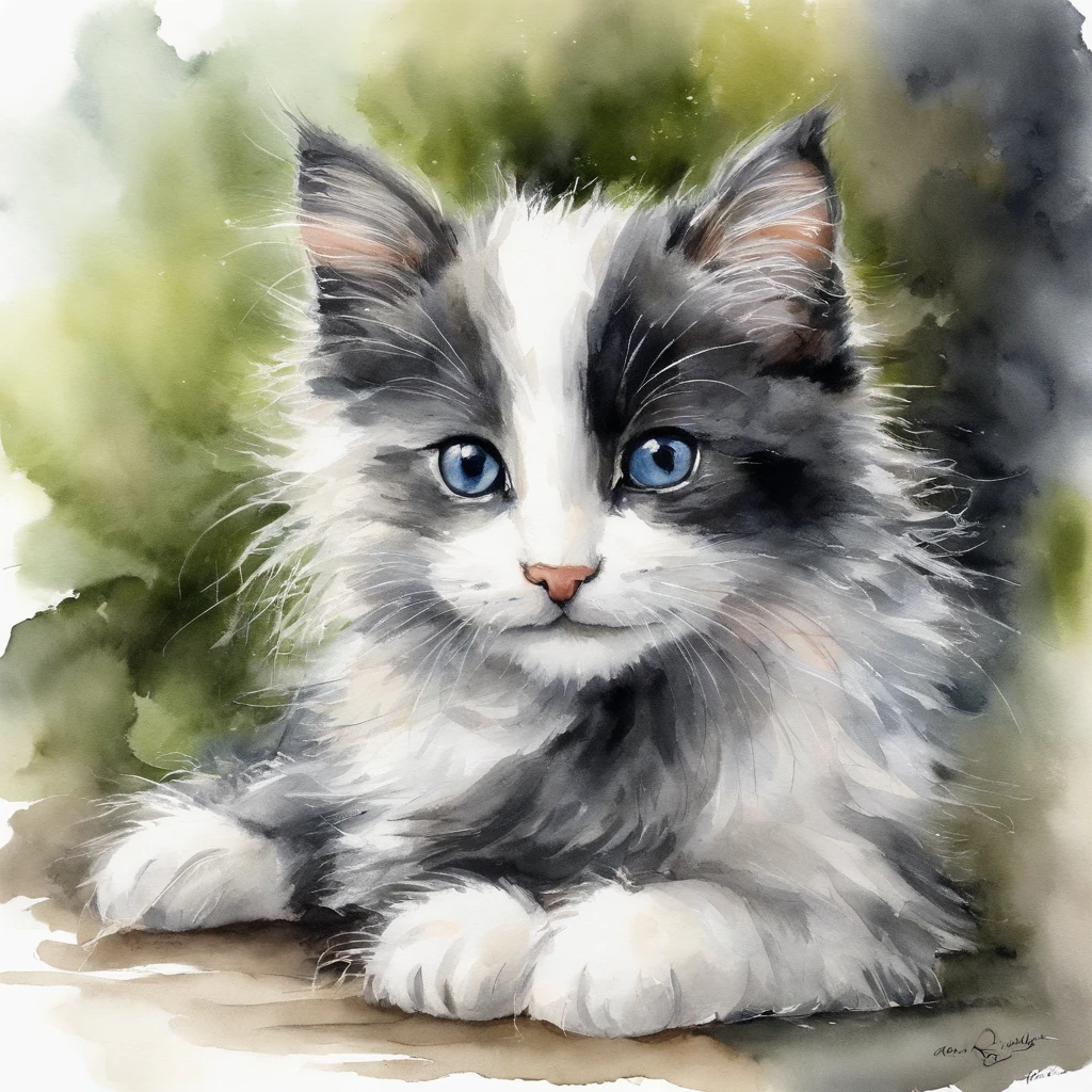 Black and white kitten、cute little、Fluffy bristles、illustratio、watercolor paiting、picture book