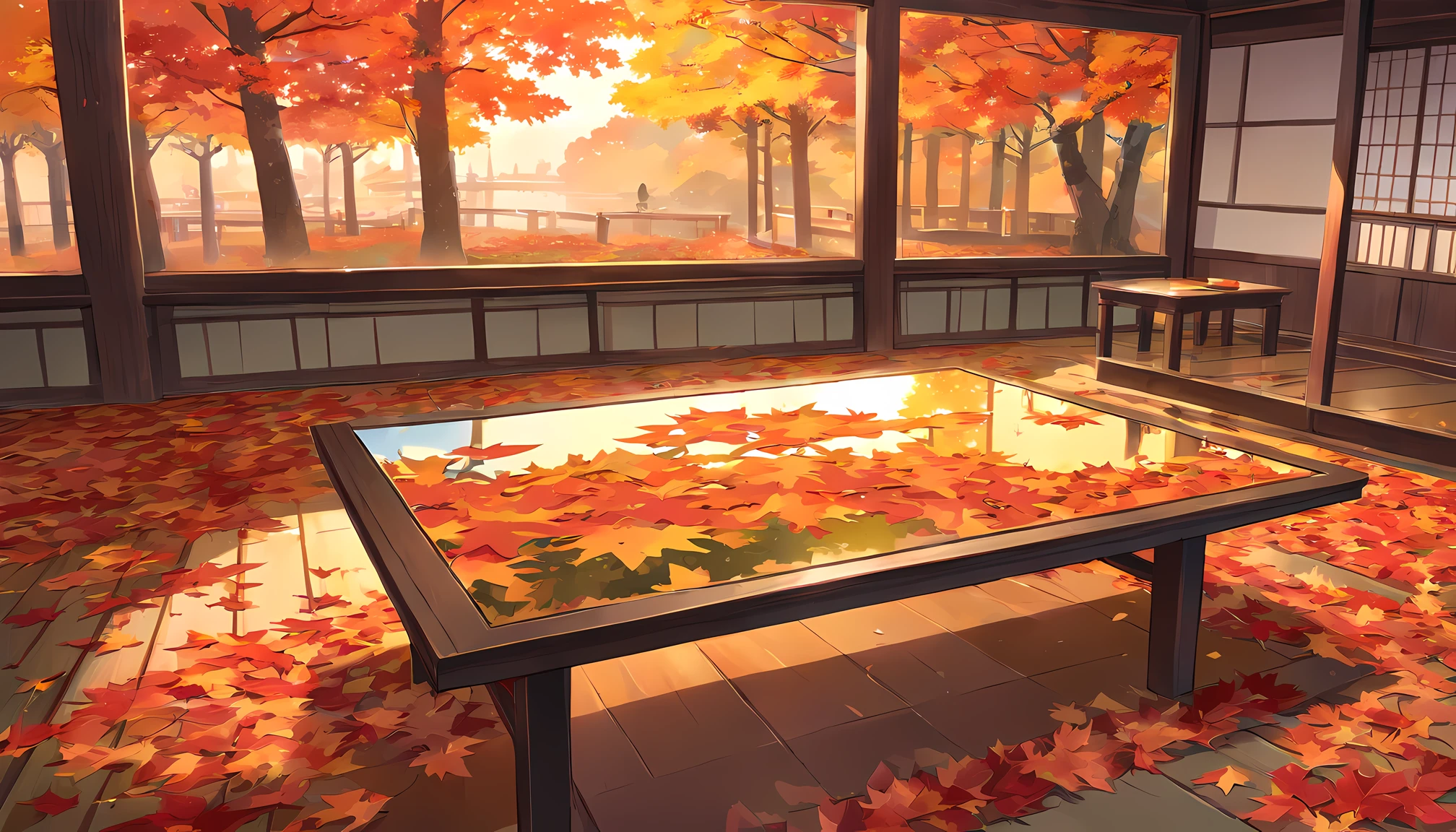 (((sunset:1.5, sunset light:1.3, moody light:1.3, cinematic light:1.3)))), An illustration of the scenery of the autumn leaves are depicted in a double layer due to the mirror reflection of Korin-in, Daitoku-ji Temple. at night, ultra-detailed, hyper-sharp, digital illustration, Place: Daitokuji Korin-in room Time: Autumn Subject: A specular reflection of autumn foliage The illustration depicts the specular reflection of autumn leaves on a table in the interior of Daitokuji Korin-in Temple. The table is in a room with a calm atmosphere like a tea room. The scenery of autumn leaves is clearly projected on the table. The scenery of autumn leaves is thought to have been seen from famous spots for autumn leaves such as the Sanmon Gate and Hojo in the precincts of Daitokuji Temple. The autumn leaves are dyed in various colors such as red, yellow, and orange, creating an atmosphere of autumn. (((In the illustration, the autumn leaves are depicted in a double layer due to the mirror reflection: 1.5))), which further emphasizes the beauty of the autumn leaves. In addition, the mirror reflection connects the interior and the landscape of the precincts, giving a sense of the depth of the space. Fittings such as shoji and fusuma in the room light from window Vividly expressing the colors of autumn leaves Emphasizing the beauty of autumn leaves by mirror reflection Expressing a space where the interior and the scenery of the precincts are connected