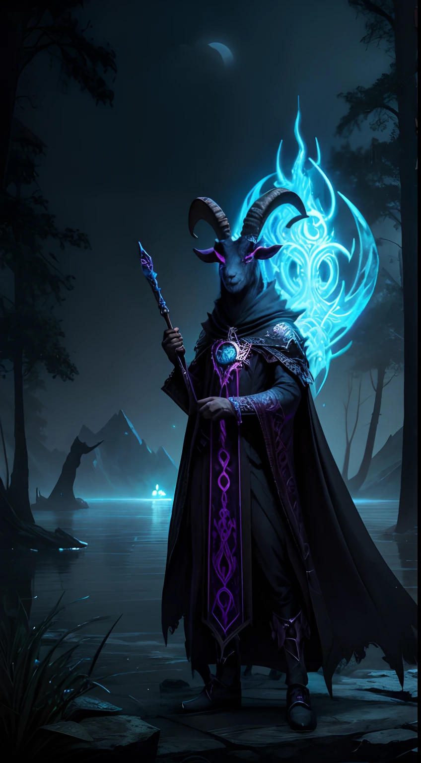 goat mask creature, necromancer style, magic wand, full body, soul lake background, dark fantasy colors area, masterpiece, ultra high quality, ultra face detail